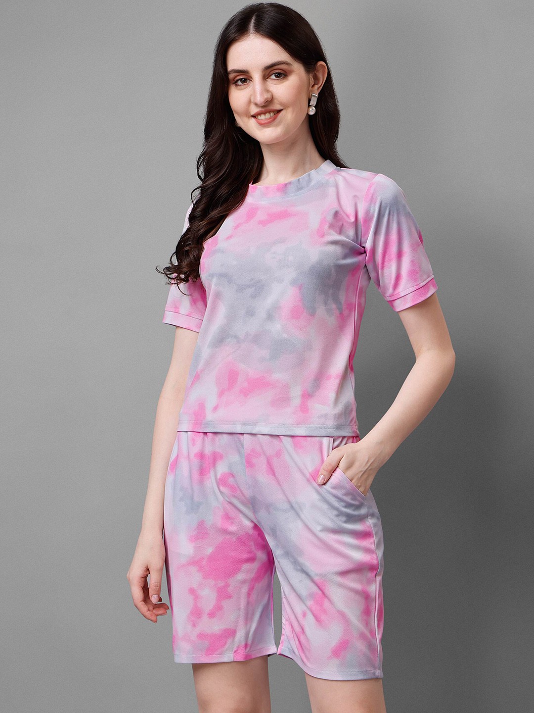 

DL Fashion Printed Round Neck T-shirt & Shorts, Pink