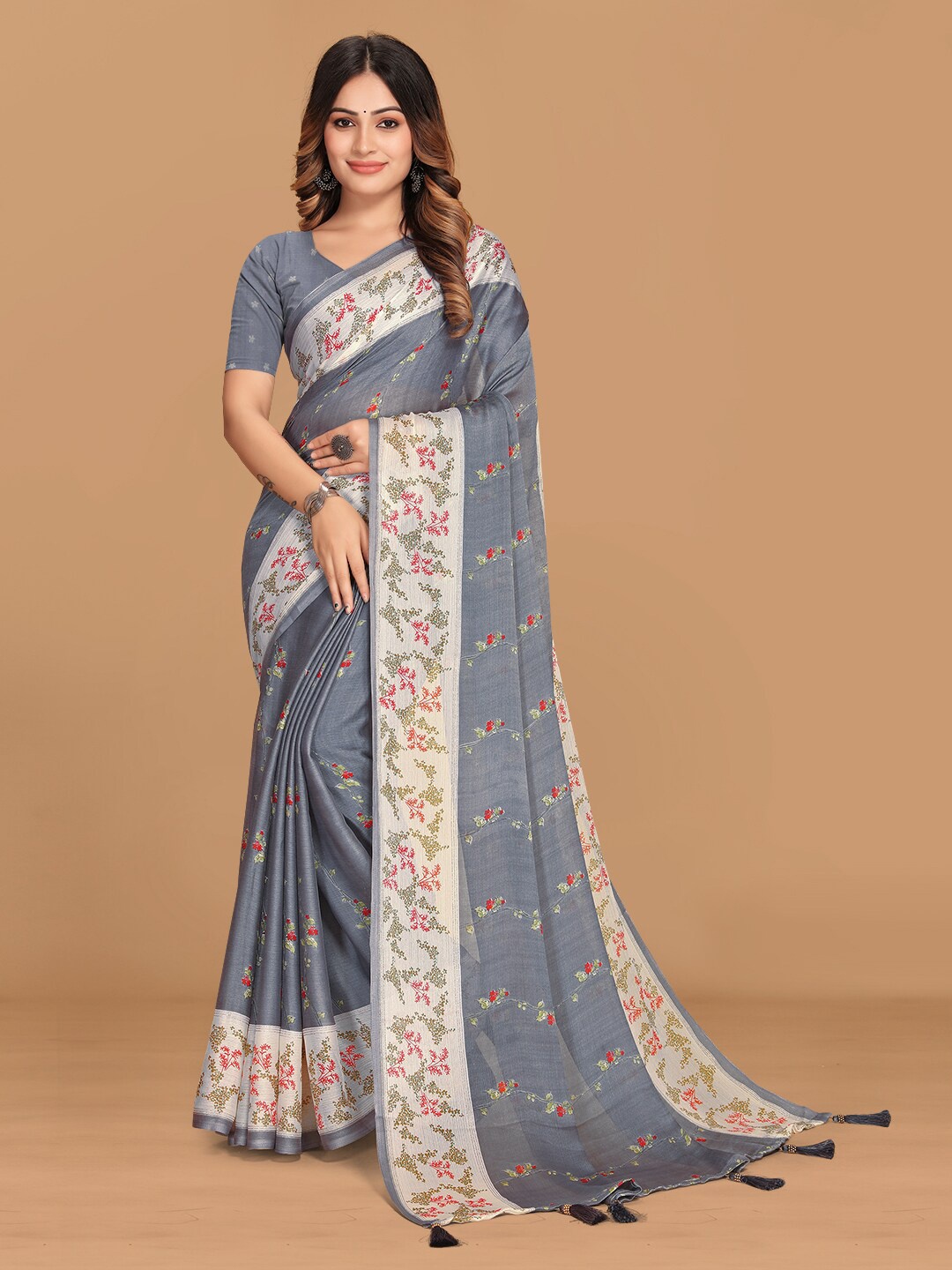 

Triveni Floral Printed with Printed Border Pure Chiffon Saree, Grey