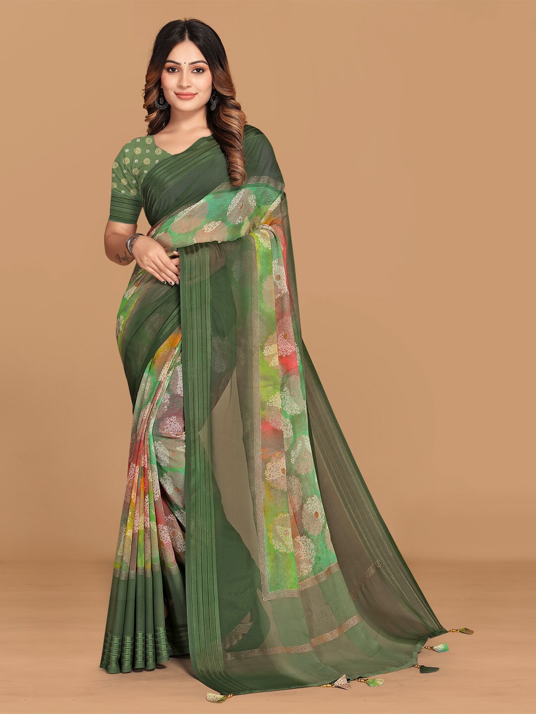 

Triveni Floral Printed Woven Border with Jaali Work Pure Chiffon Designer Saree, Green