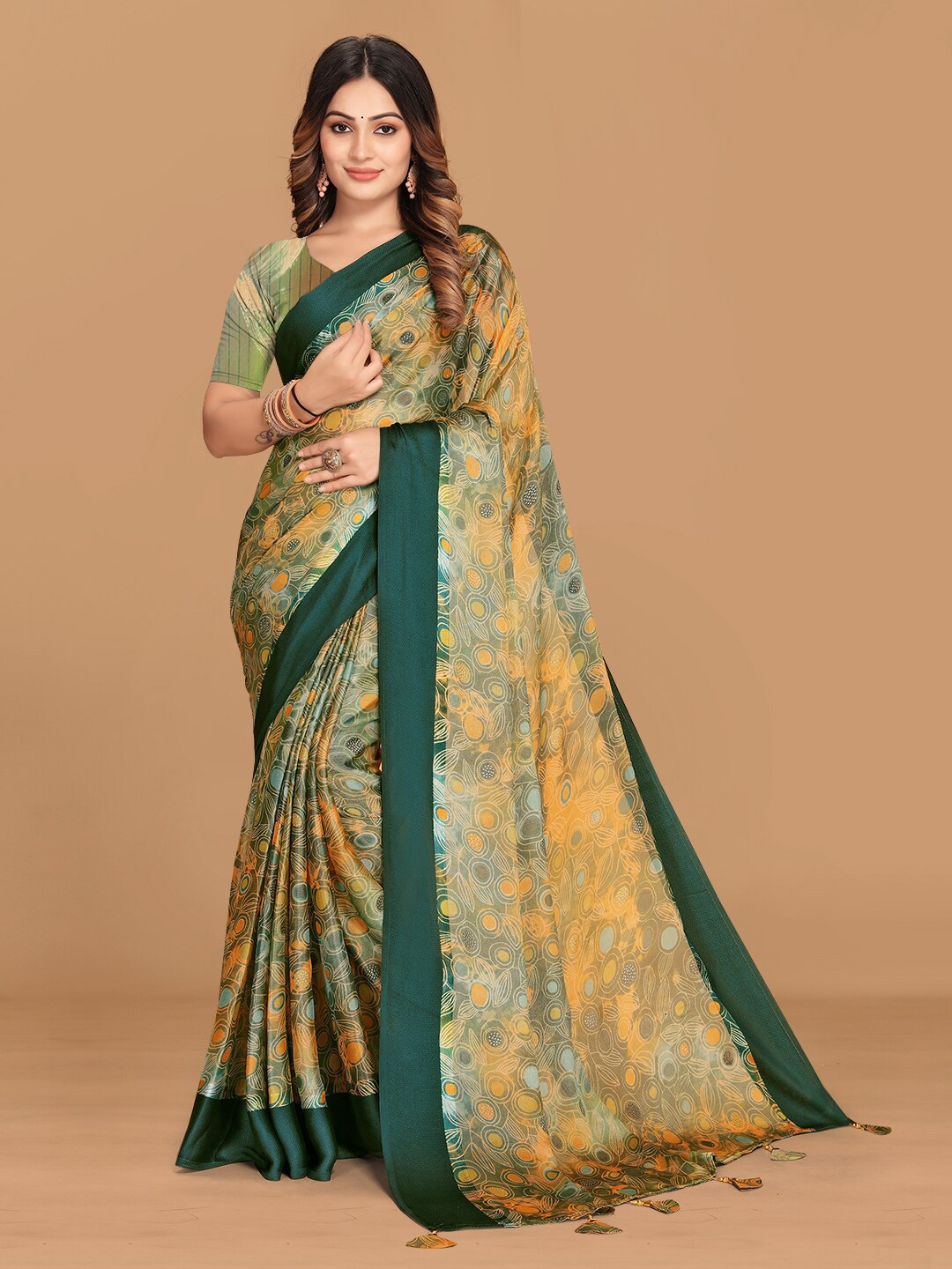 

Triveni Geometric Printed Solid Border With Jaali Border Brasso Saree, Green