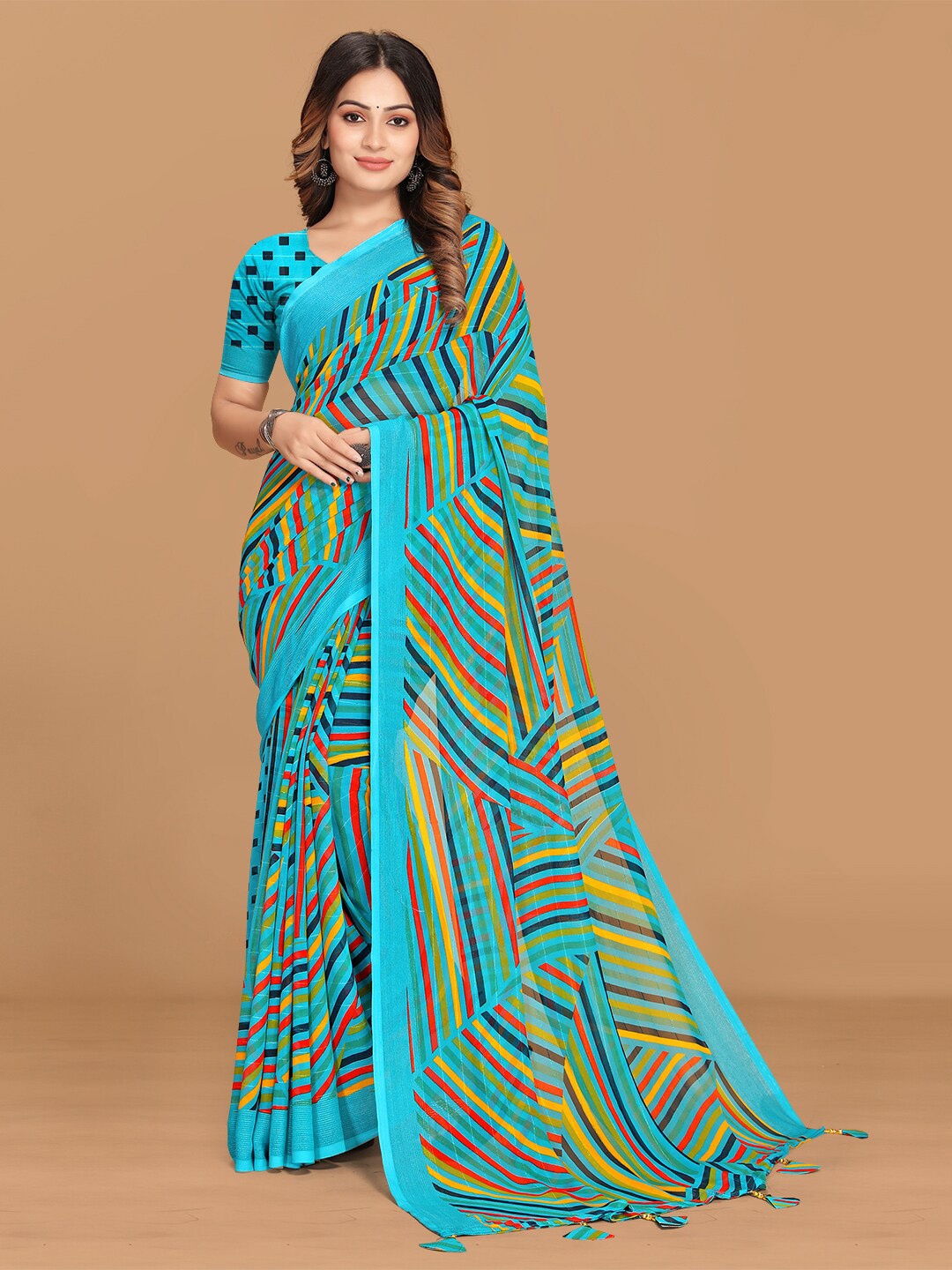 

Triveni Striped Solid Border Pure Georgette Saree, Blue