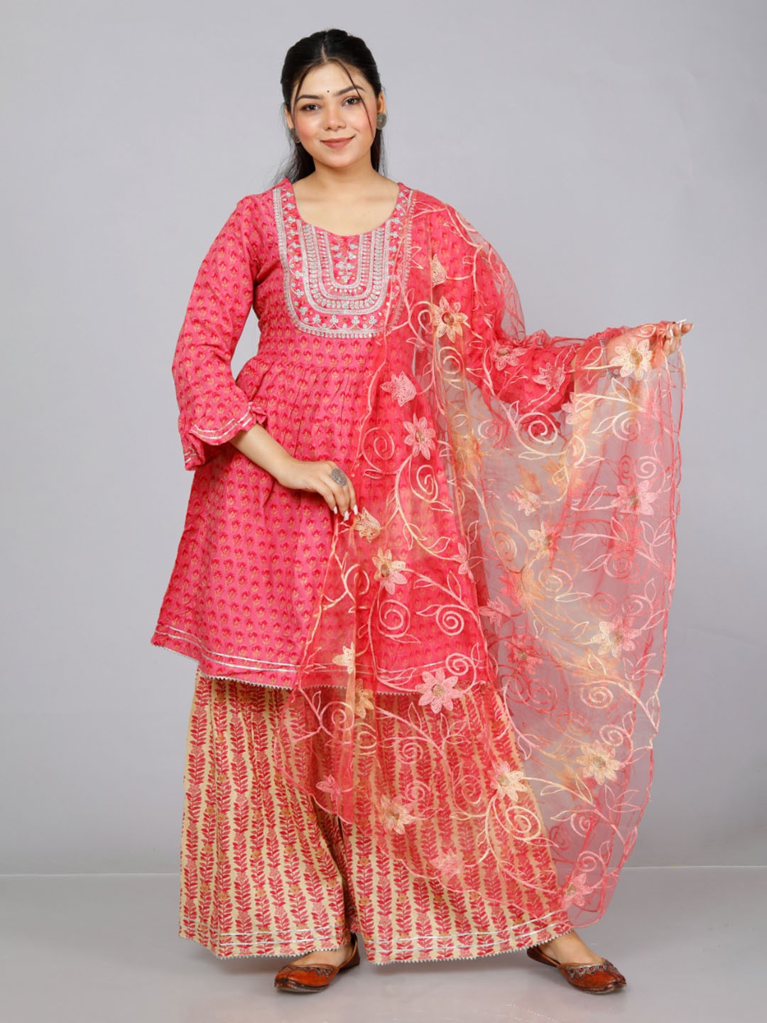 

KALINI Floral Printed Thread Work Pure Cotton Anarkali Kurta & Sharara With Dupatta, Pink