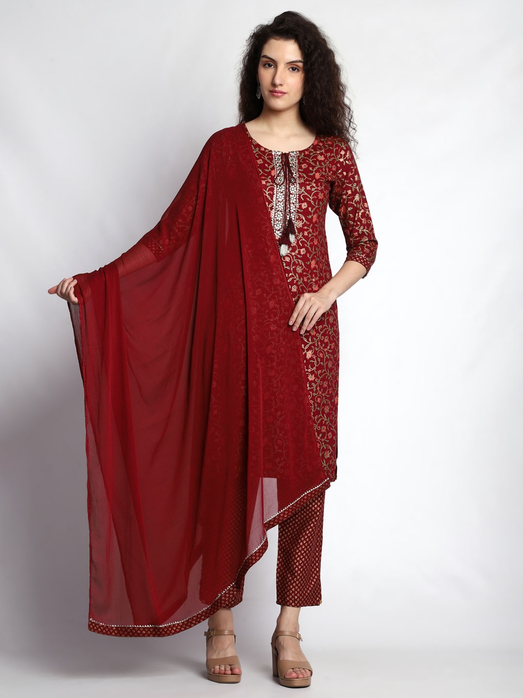 

KALINI Ethnic Motifs Printed Round Neck Kurta & Trousers with Dupatta, Maroon