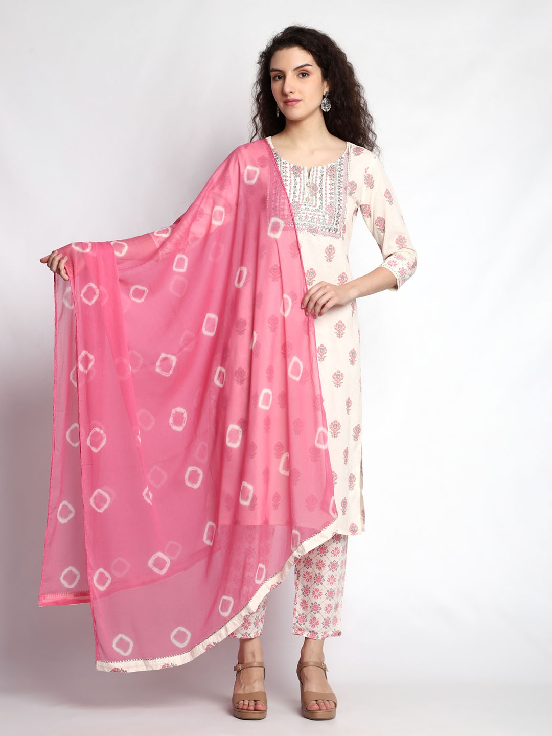 

KALINI Ethnic Motifs Printed Pure Cotton Kurta with Trousers & Dupatta, Pink
