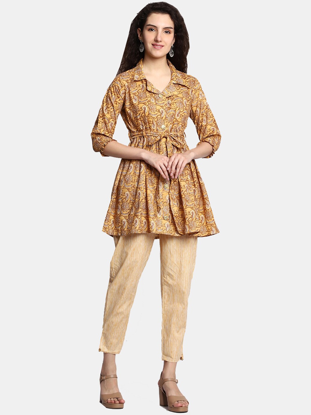 

KALINI Ethnic Motifs Printed Shirt Collar Pure Cotton Kurti With Trousers, Yellow