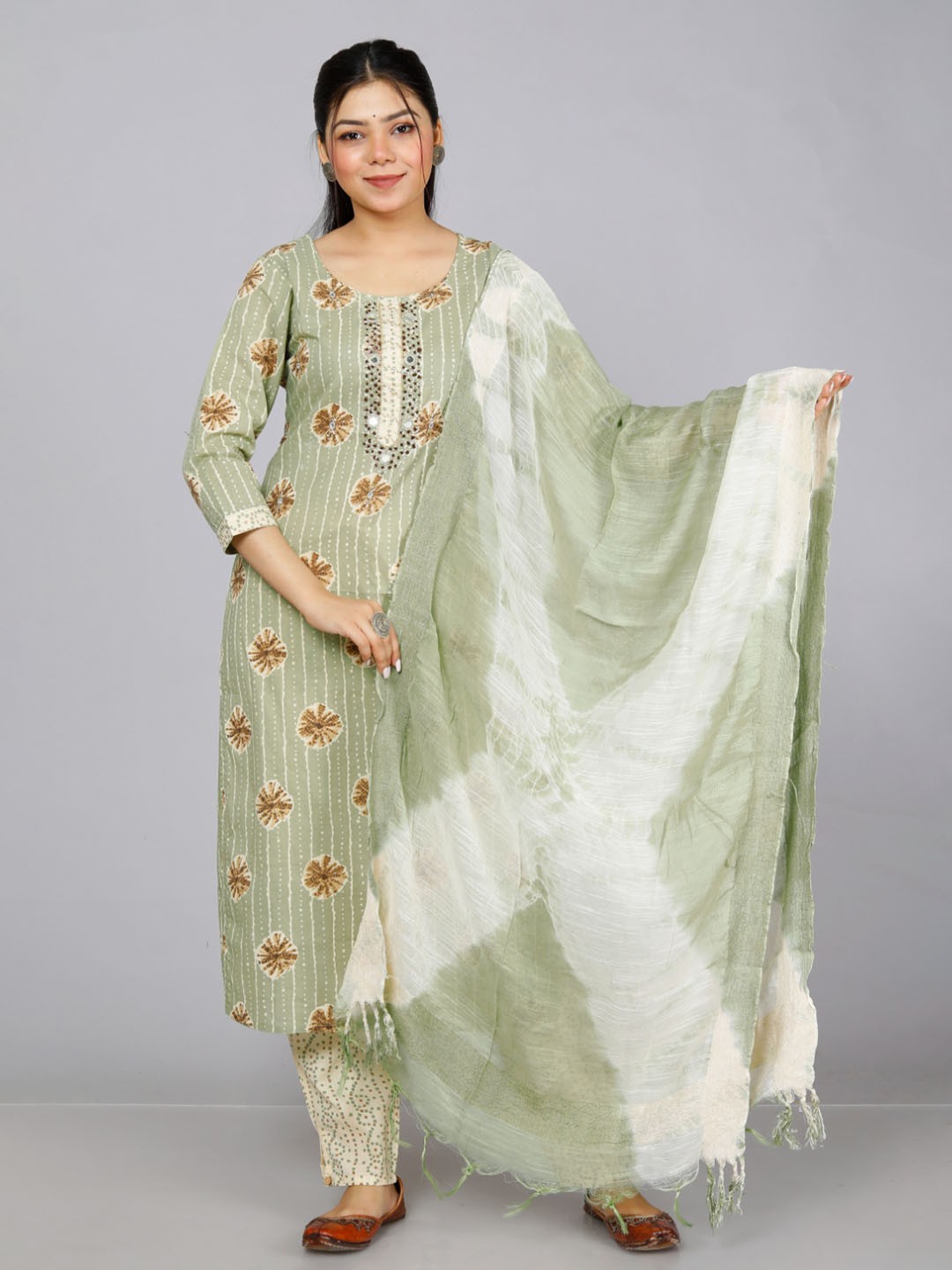 

KALINI Floral Printed Mirror Work Pure Cotton Straight Kurta & Trousers & With Dupatta, Green