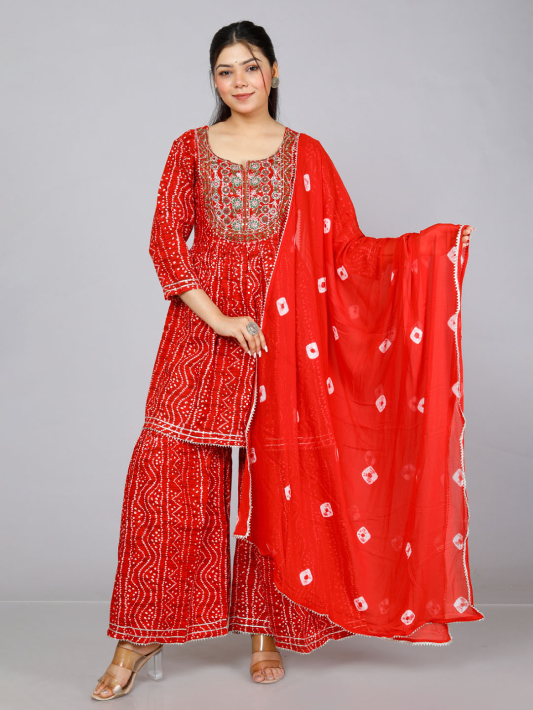 

KALINI Bandhani Printed Empire Thread Work Kurta with Sharara & With Dupatta, Red