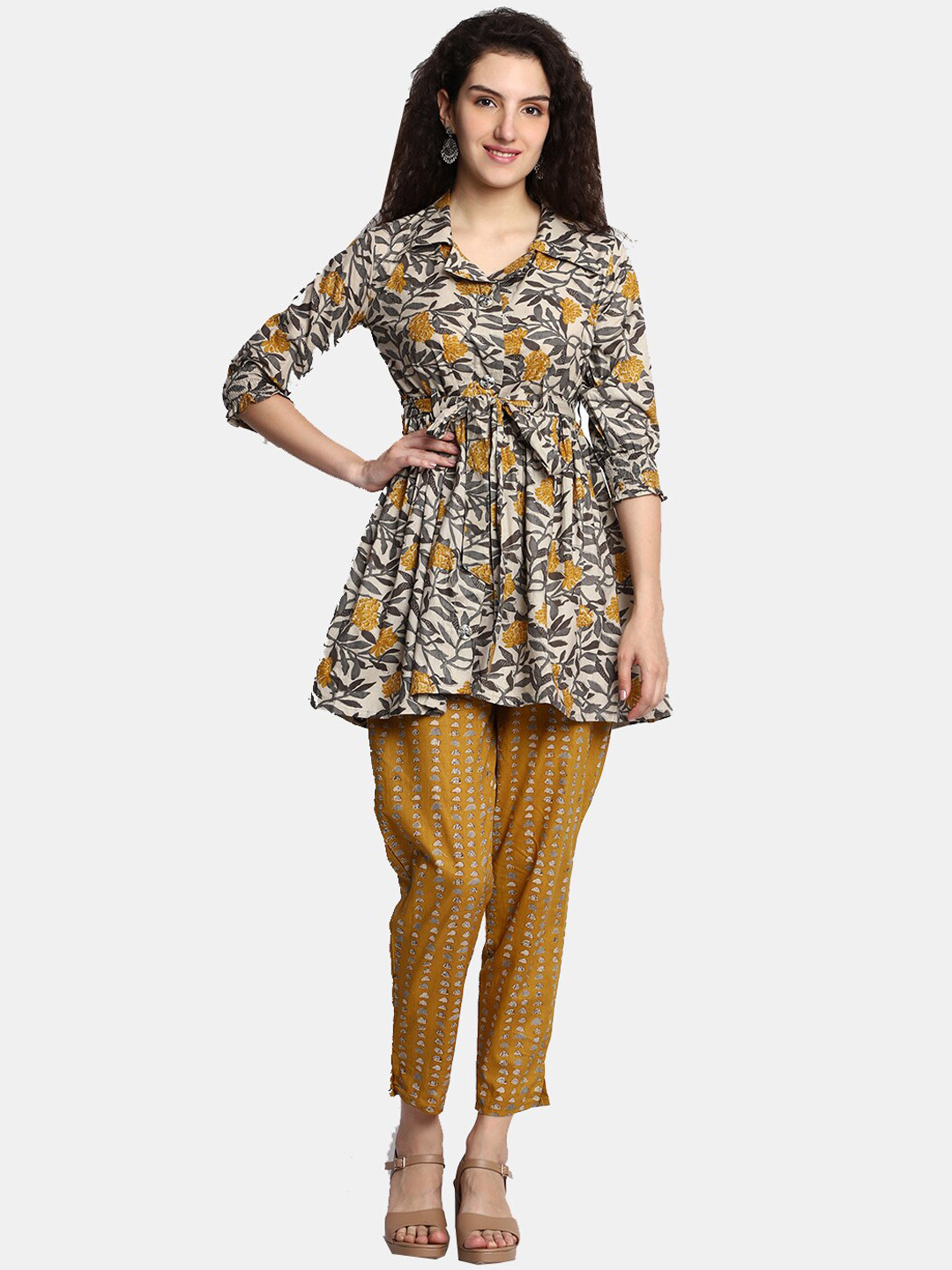

KALINI Floral Printed Pure Cotton Top With Trousers, Brown