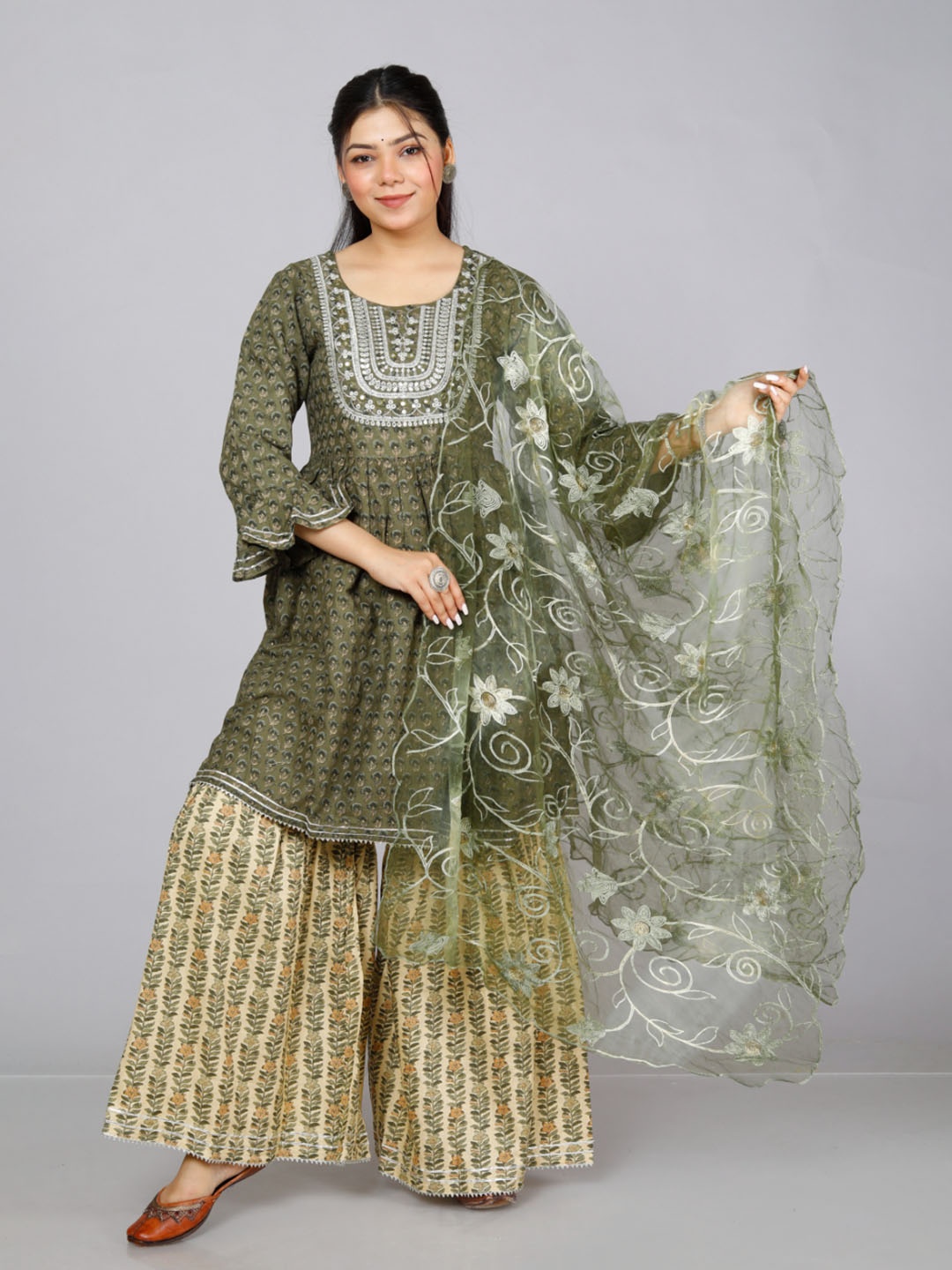 

KALINI Ethnic Motifs Printed Thread Work Pure Cotton Kurta & Sharara with Dupatta, Green