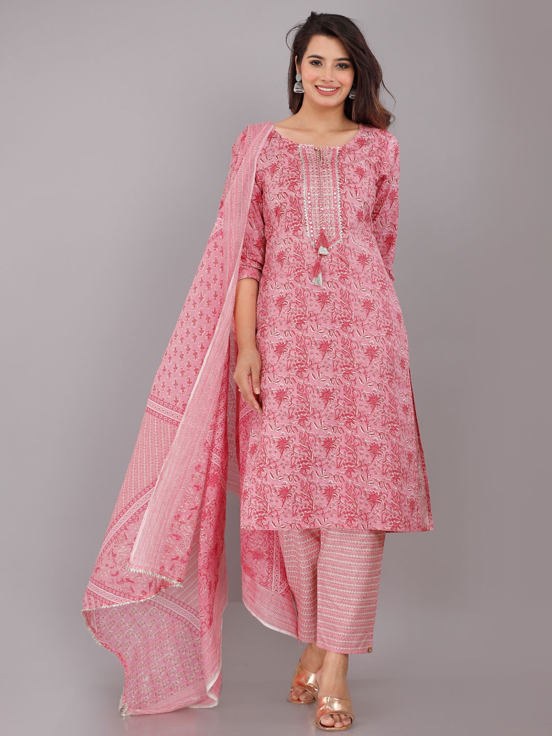 

KALINI Embroidered Floral Printed Pure Cotton Regular Kurta with Trousers & Dupatta, Pink