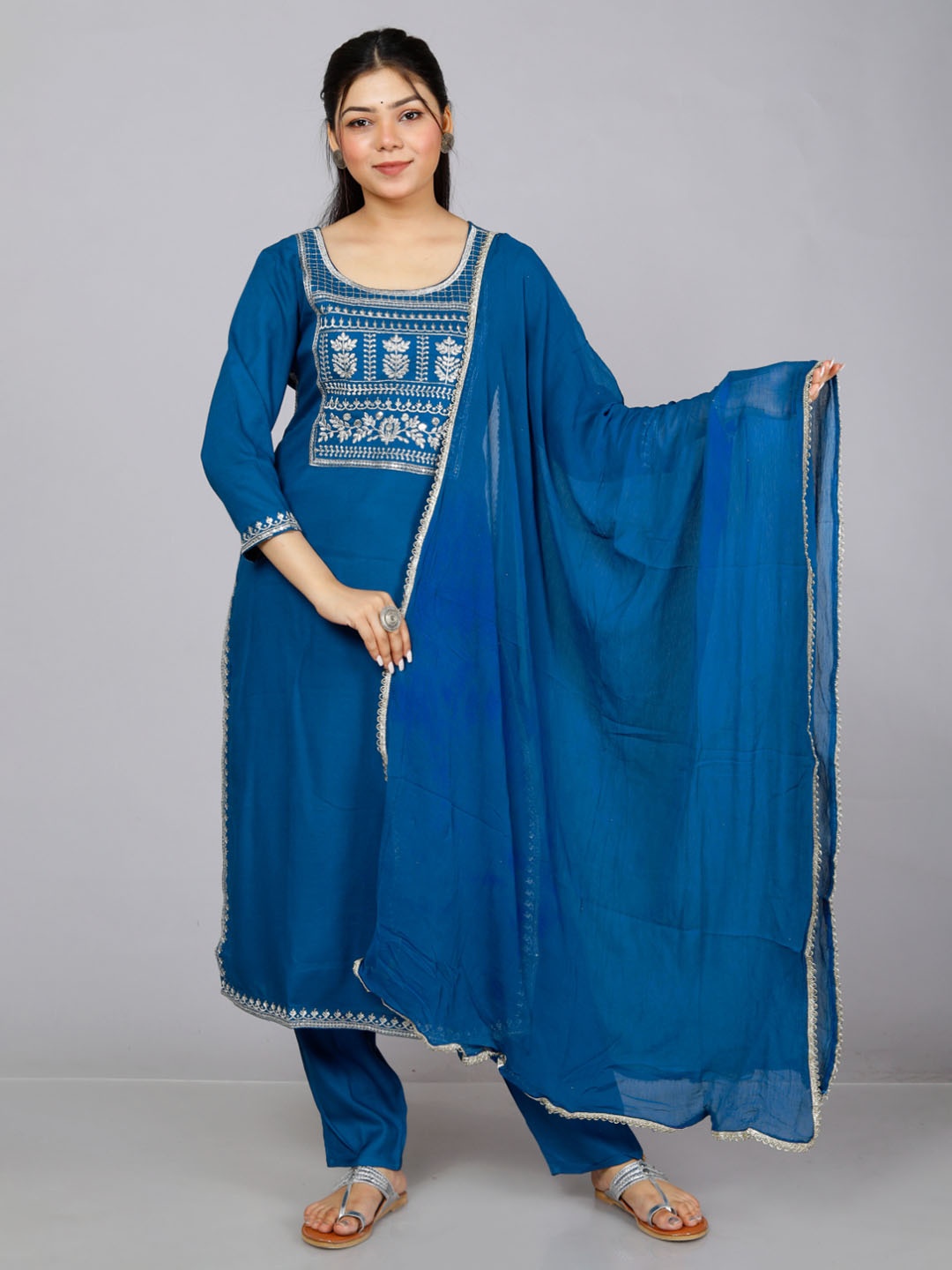 

KALINI Floral Yoke Design Thread Work Straight Kurta & Trousers With Dupatta, Teal