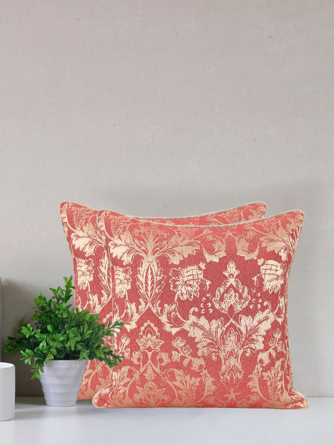 

Home Peach & Gold-Toned 2 Pieces Ethnic Motifs Jacquard Square Cushion Covers