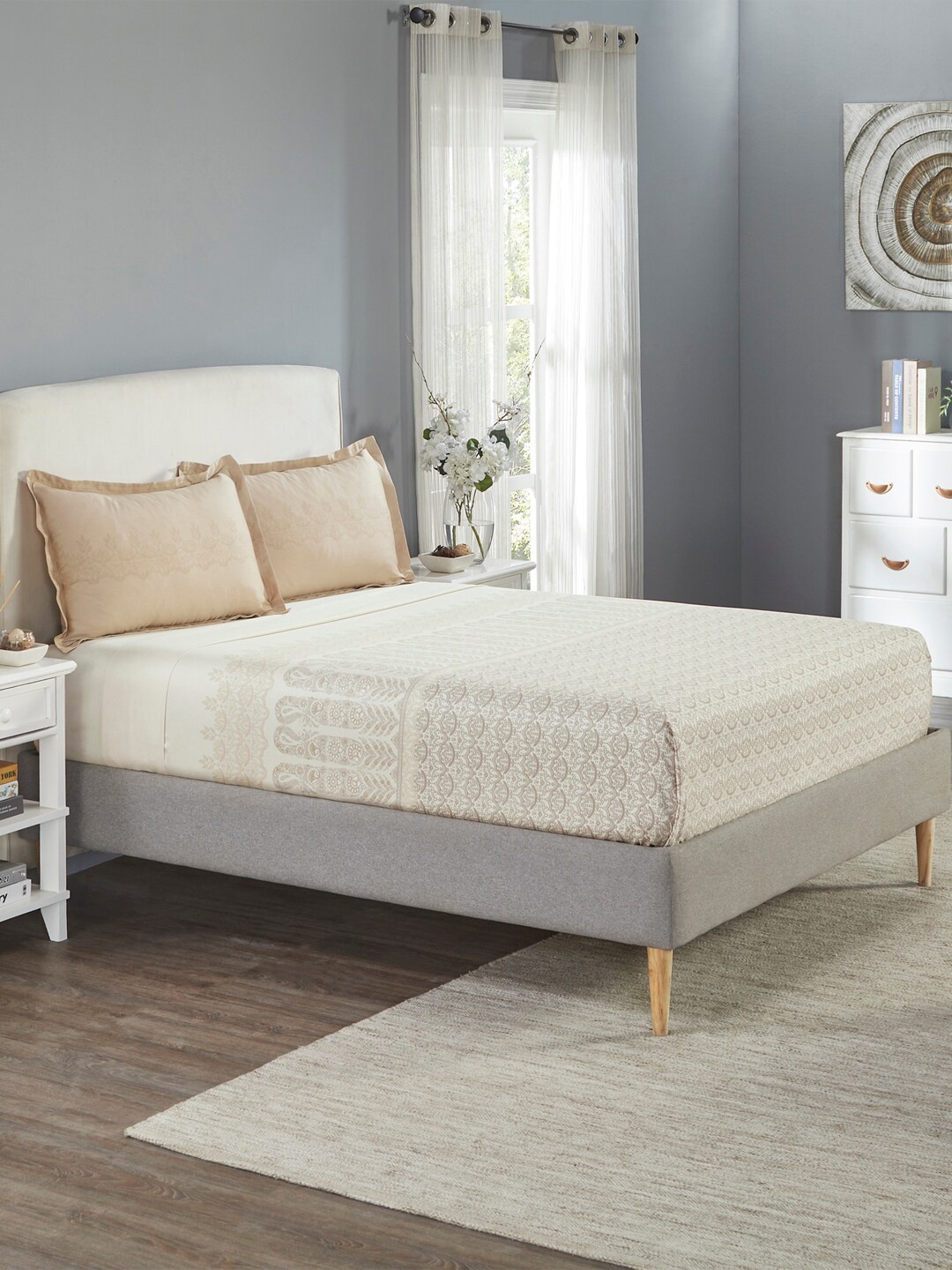 

MYTRIDENT Beautiful Beginnings Beige Cotton 210 TC King Bedsheet with 2 Pillow Covers