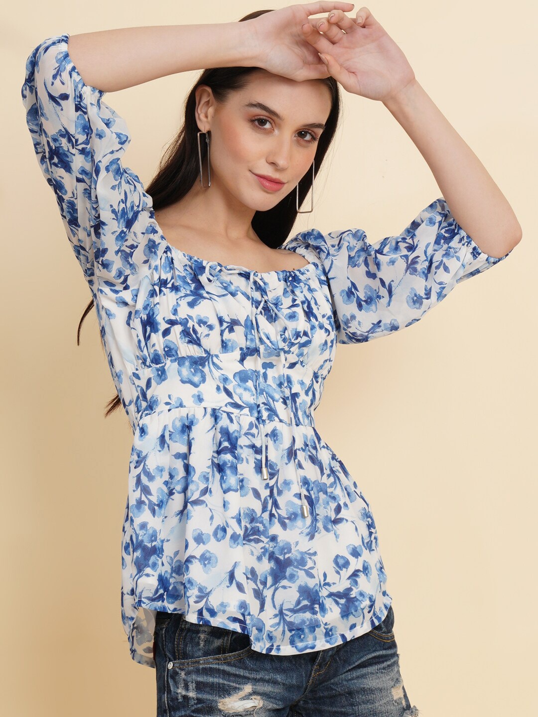 

RAASSIO Floral Printed Puff Sleeve Georgette Empire Top, Blue