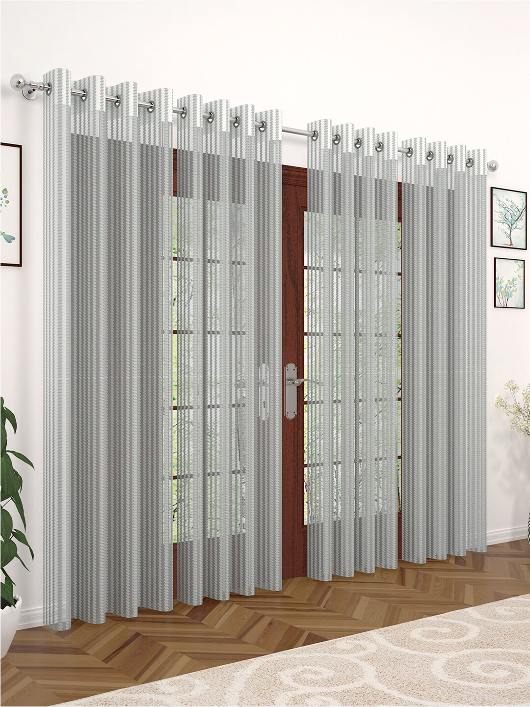 

Story@home 4 Pcs Grey Striped Sheer Long Door Curtain