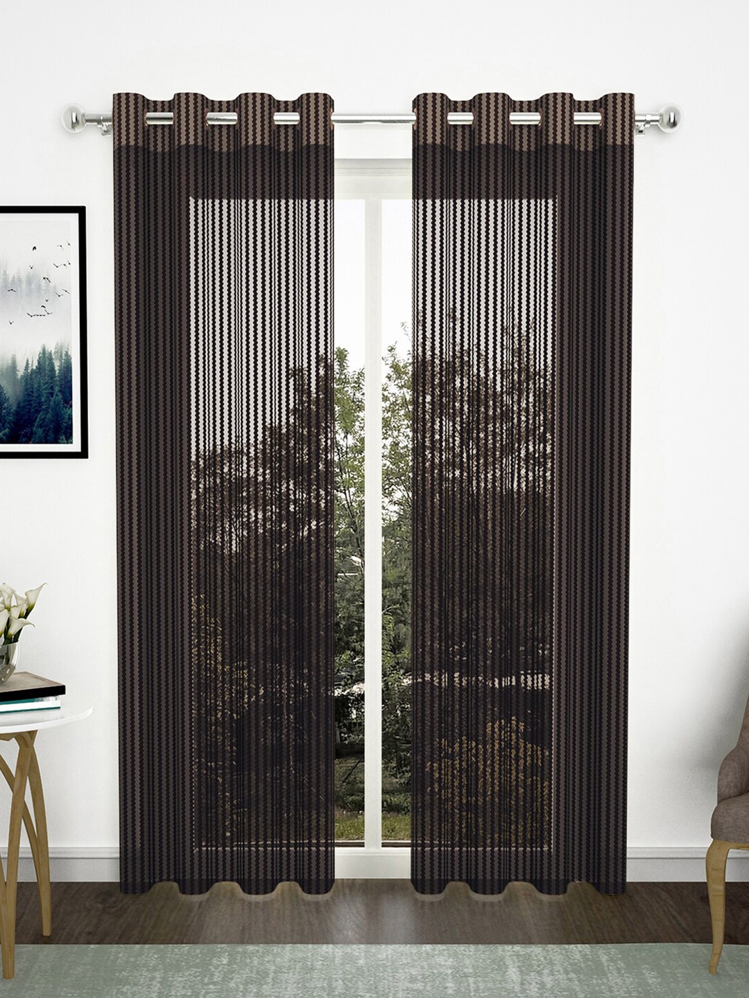 

Story@home 2 Pcs Coffee Brown Set of 2 Striped Sheer Long Door Curtain