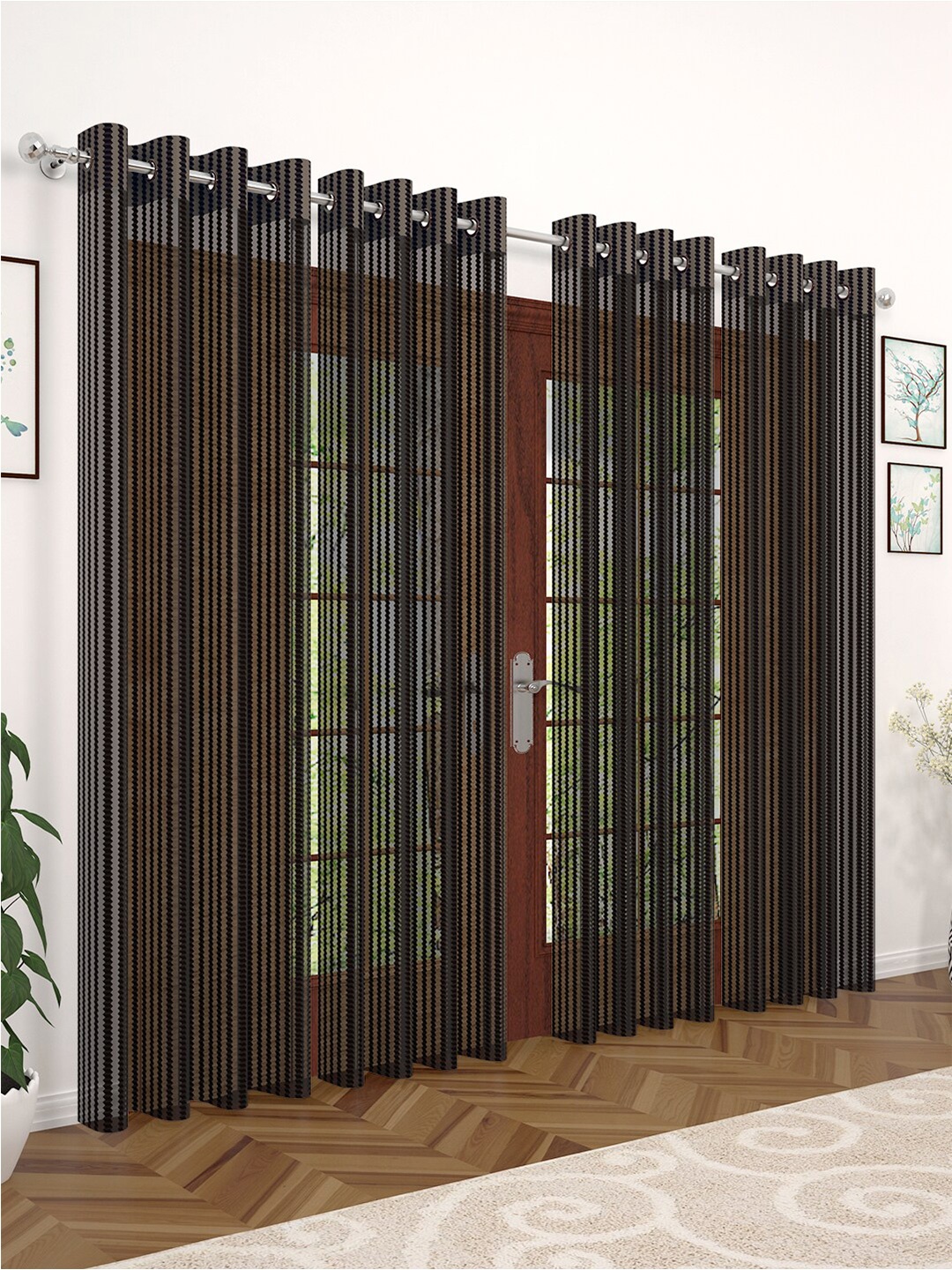 

Story@home 4 Pcs Coffee Brown Striped Sheer Long Door Curtain