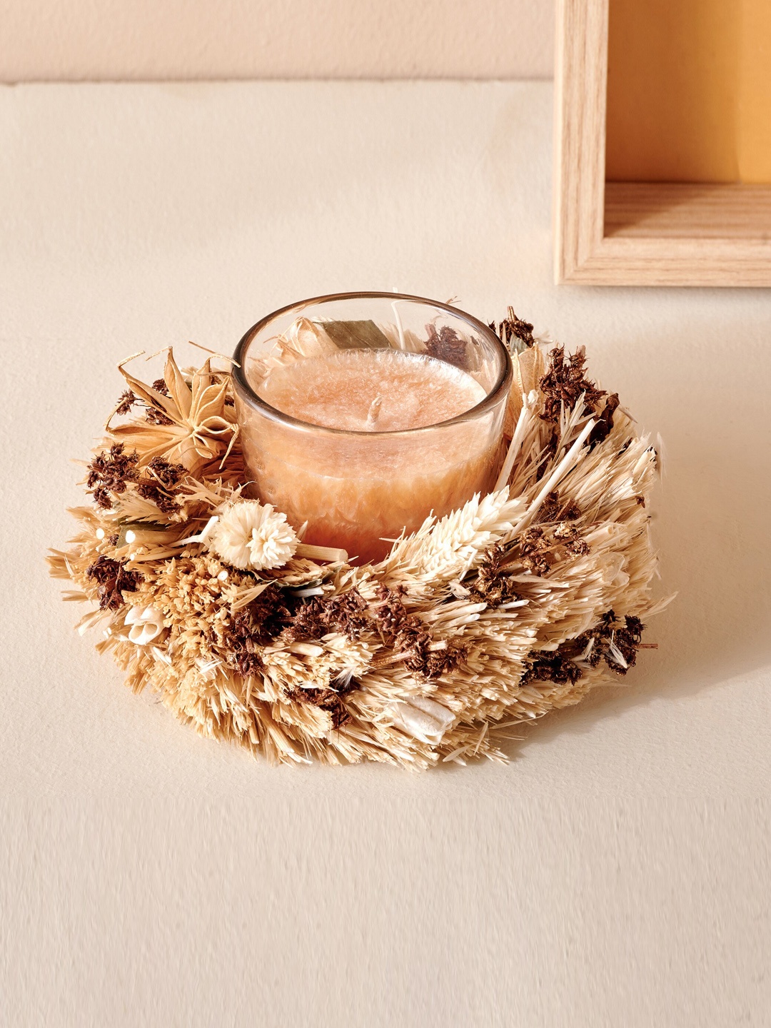 

Home Centre Beige Dastkari Glass Candle Holder with Dried Flower Arrangement