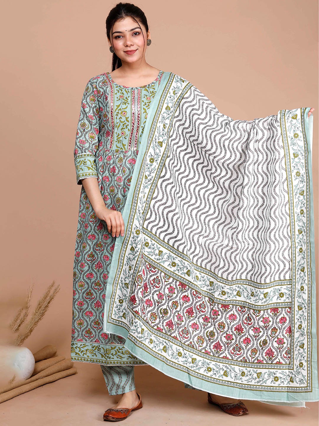 

MIRAVAN Floral Printed Mirror Work Pure Cotton Kurta With Palazzos & Dupatta, Green