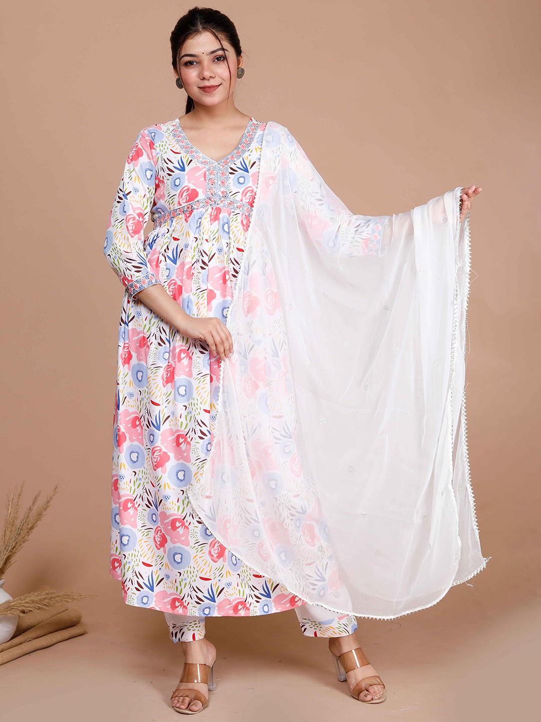 

MIRAVAN Floral Printed Empire Kurta With Trousers & With Dupatta, White