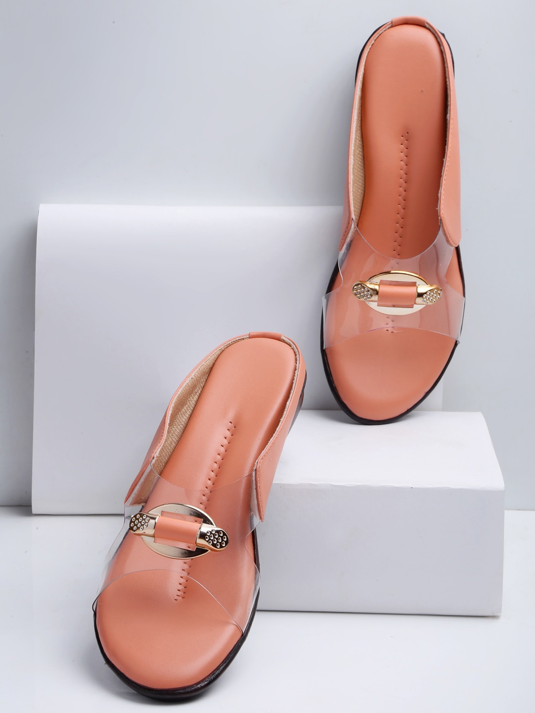

sneakers villa Embellished Open Toe Flats, Peach