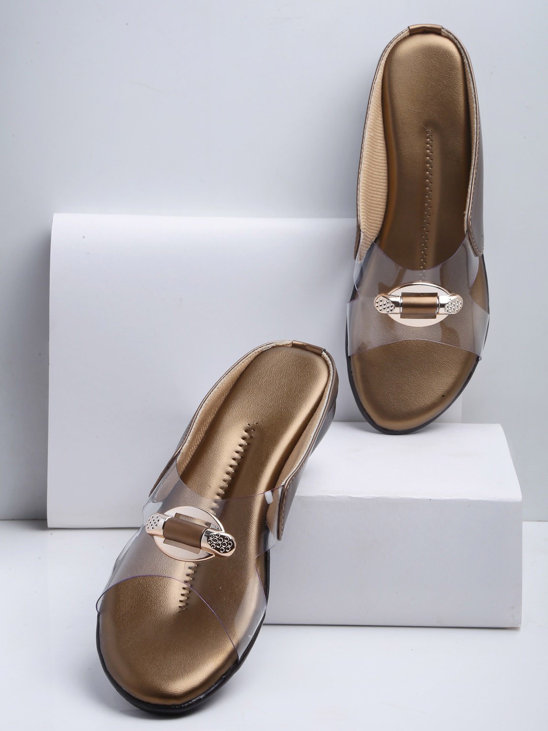 

sneakers villa Embellished Open Toe Flats, Copper