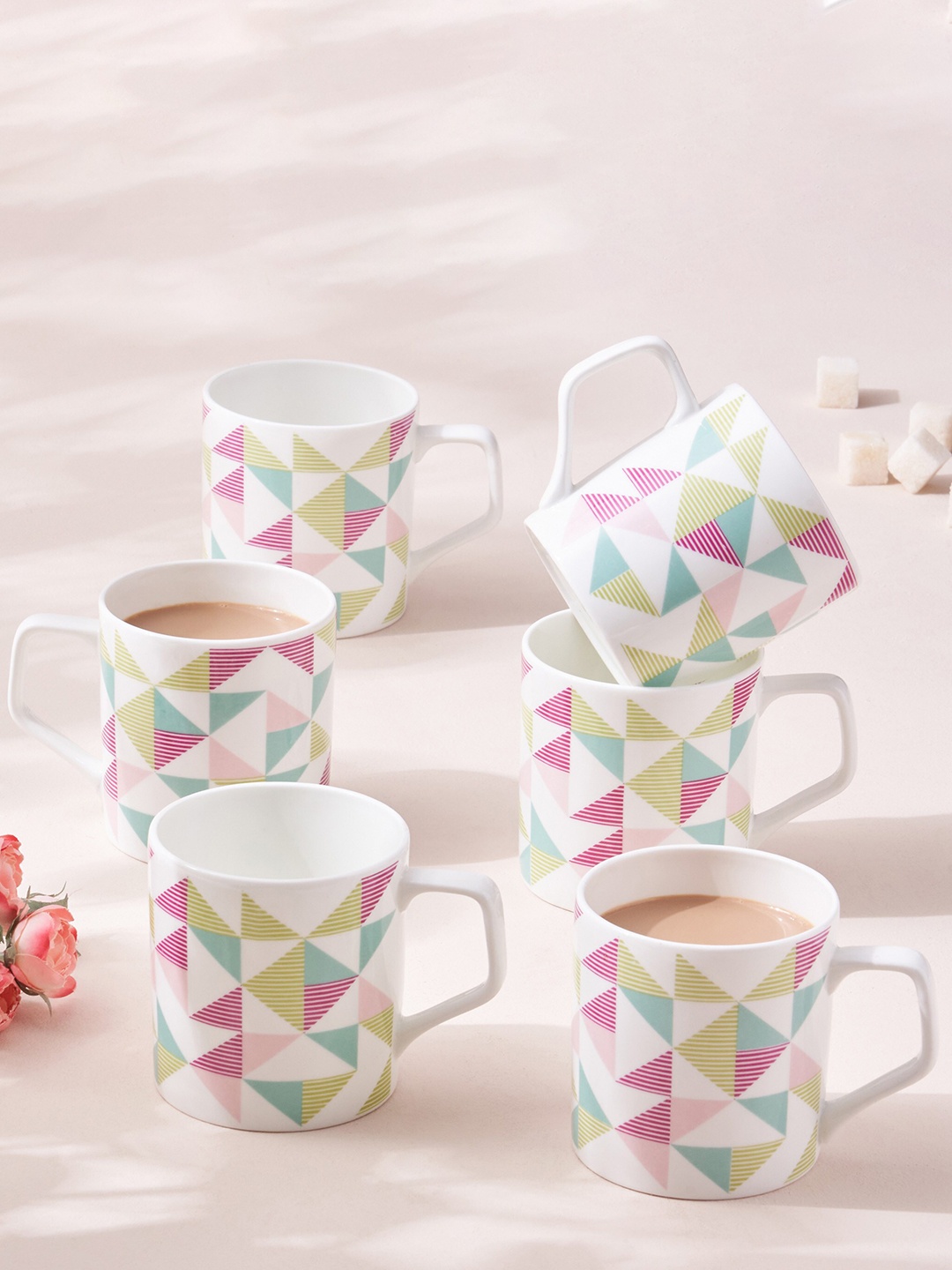 

Home Centre Mandarin Begonaia 6 Pcs White Printed Bone China Glossy Mugs - 230 ML Each