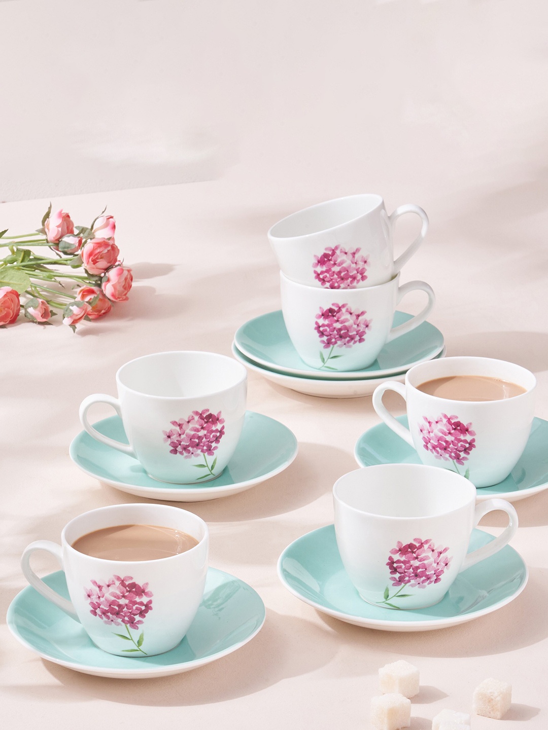 

Home Centre 12PC White & Blue Floral Print Bone China Glossy Cups and Saucers- 210 ML Each