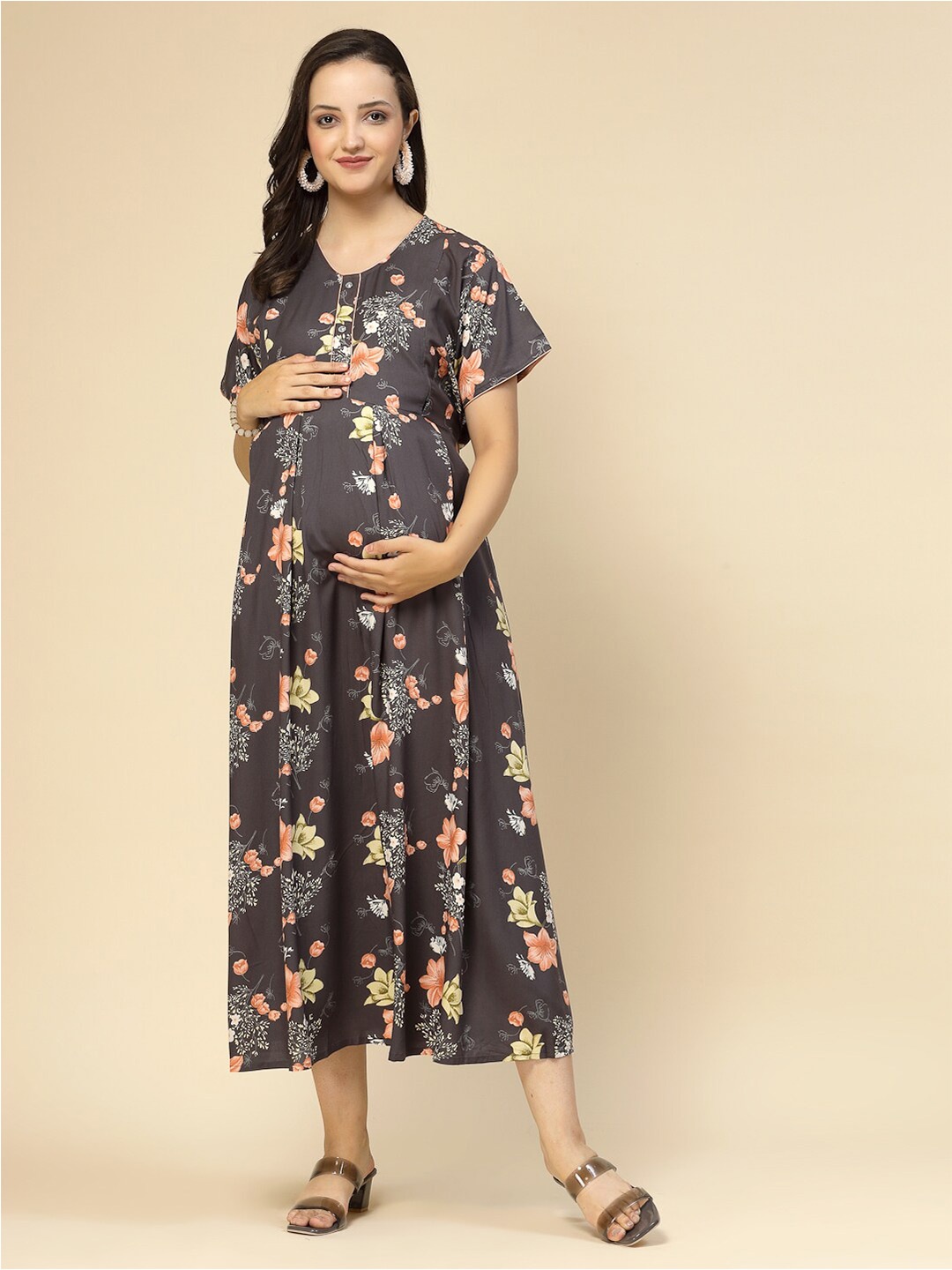 

Sweet Dreams Grey Floral Printed Round Neck Maternity Nightdress