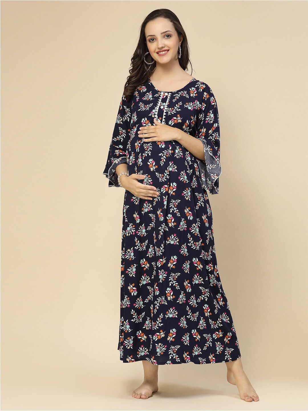 

Sweet Dreams Blue Floral Printed Bell Sleeve Maternity Nightdress
