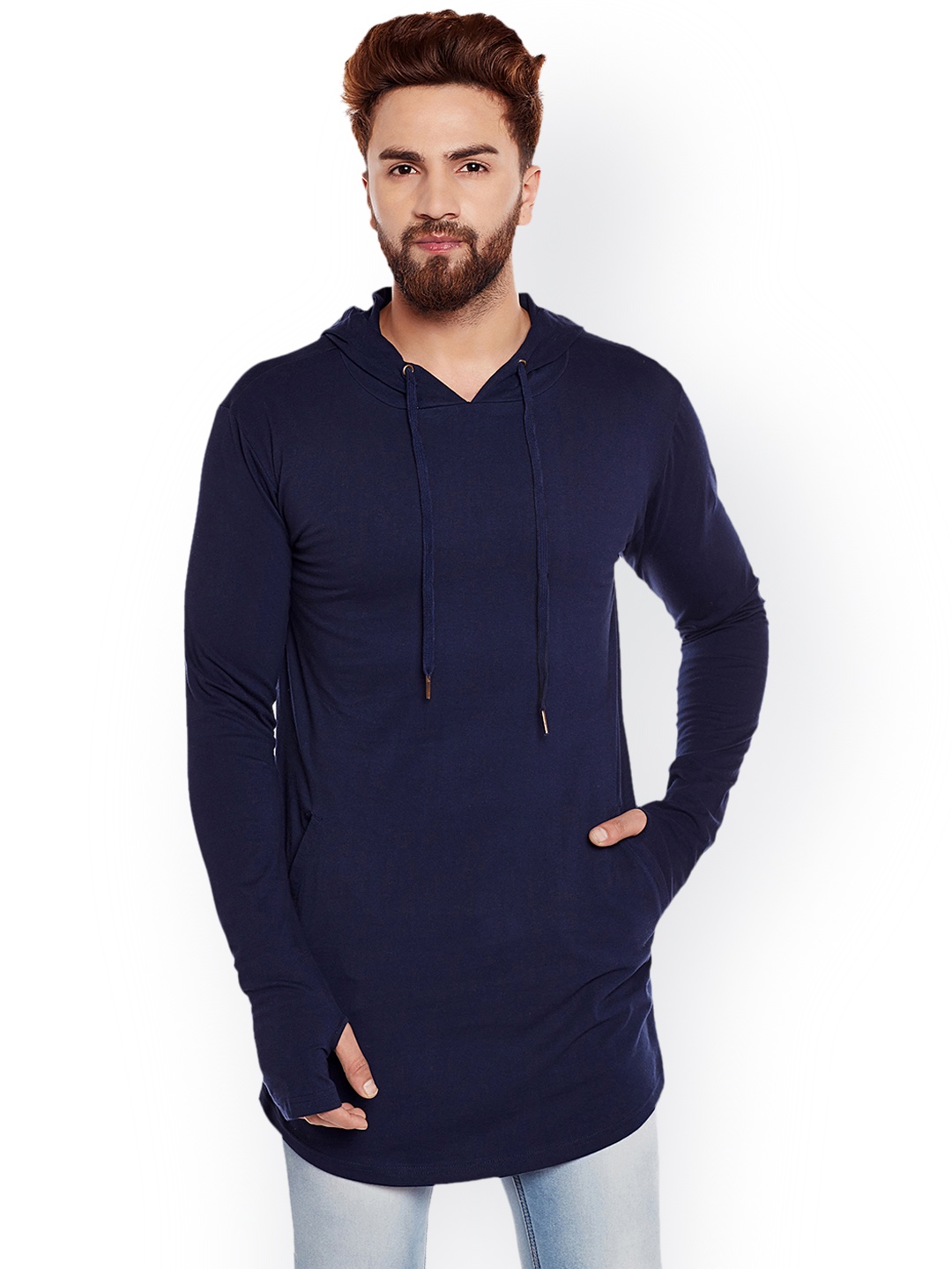 

Hypernation Men Navy Blue Solid Hooded Sweatshirt