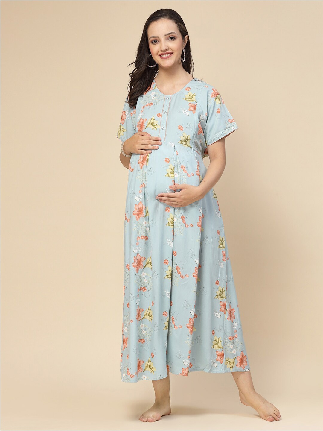 

Sweet Dreams Blue Floral Printed Round Neck Pleated Maternity A-Line Midi Dress