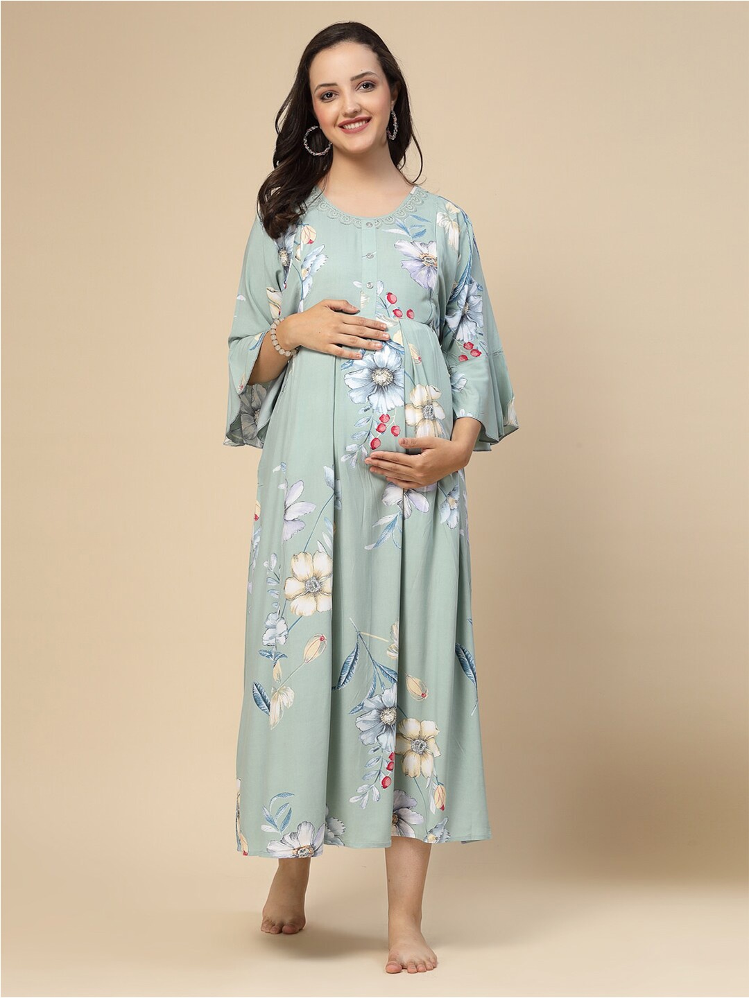 

Sweet Dreams Sea Green Floral Printed Bell Sleeves Pleated Maternity A-Line Midi Dress