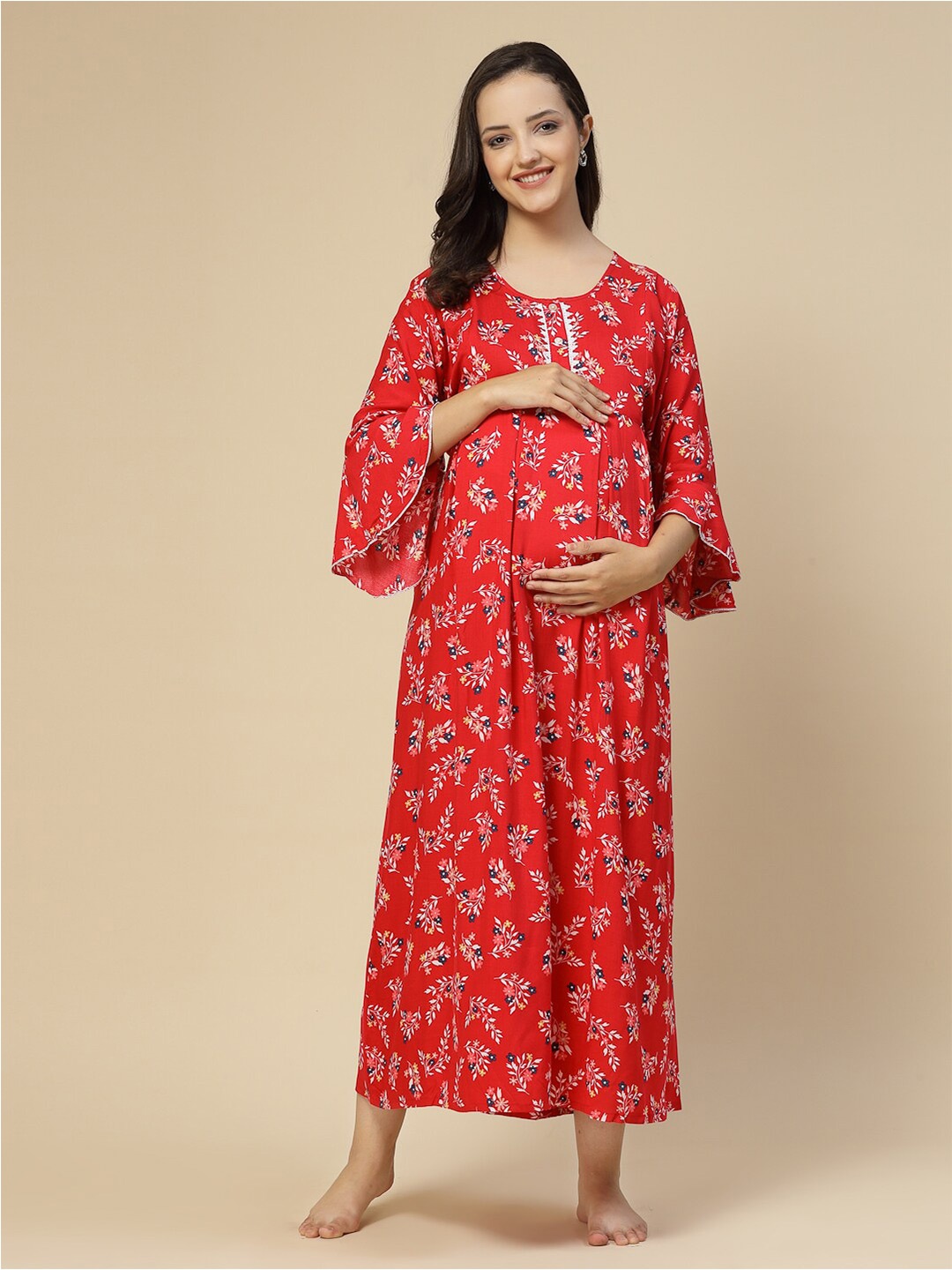 

Sweet Dreams Red Floral Printed Bell Sleeves Pleated Maternity A-Line Midi Dress