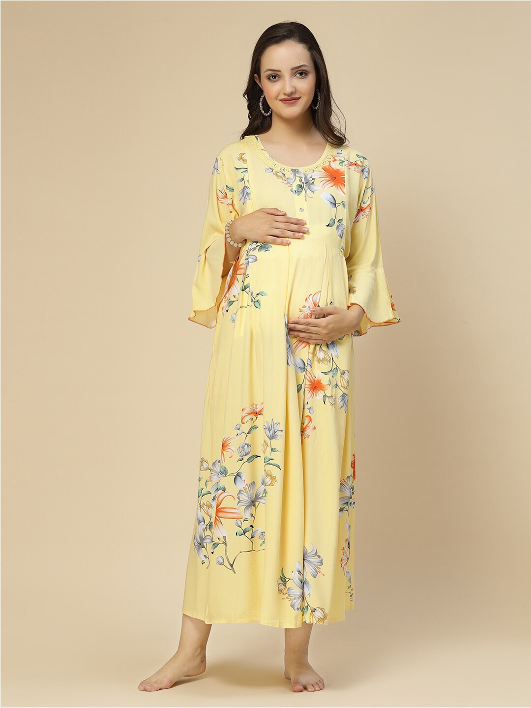 

Sweet Dreams Yellow Floral Printed Bell Sleeves Pleated Maternity A-Line Midi Dress