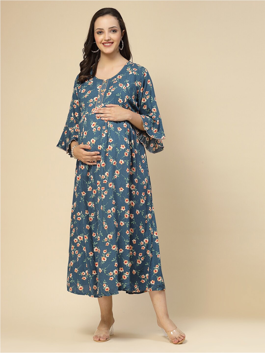 

Sweet Dreams Blue Floral Printed Bell Sleeves Pleated Maternity A-Line Midi Dress