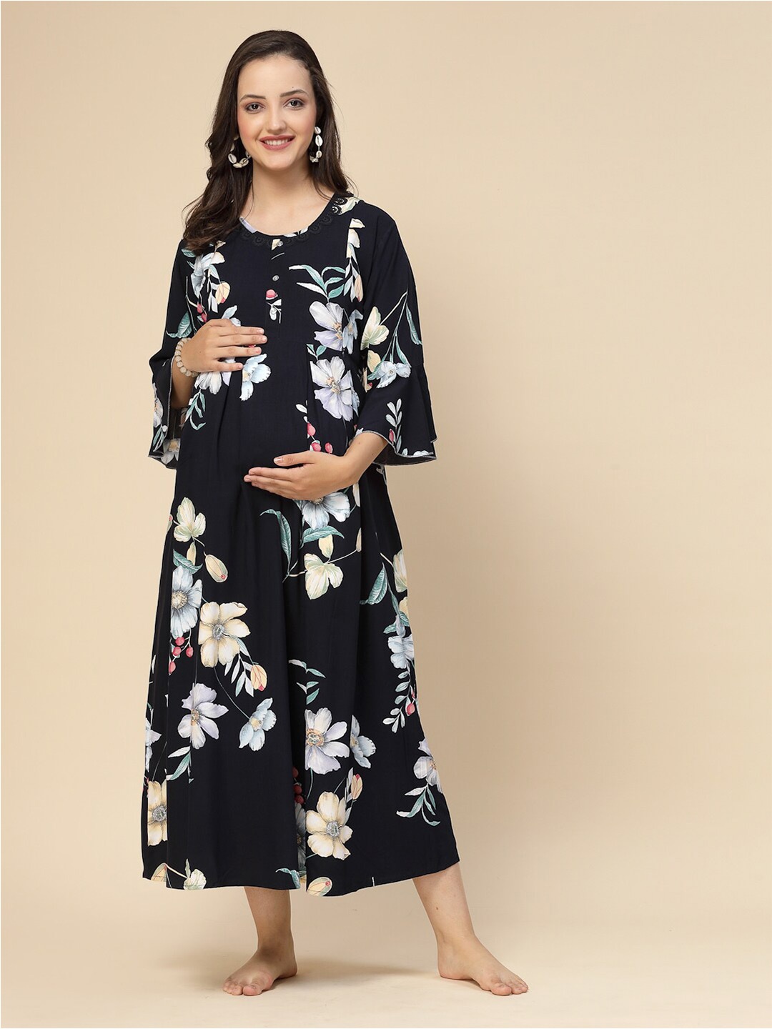 

Sweet Dreams Blue Floral Printed Bell Sleeves Maternity Feeding A-Line Midi Dress