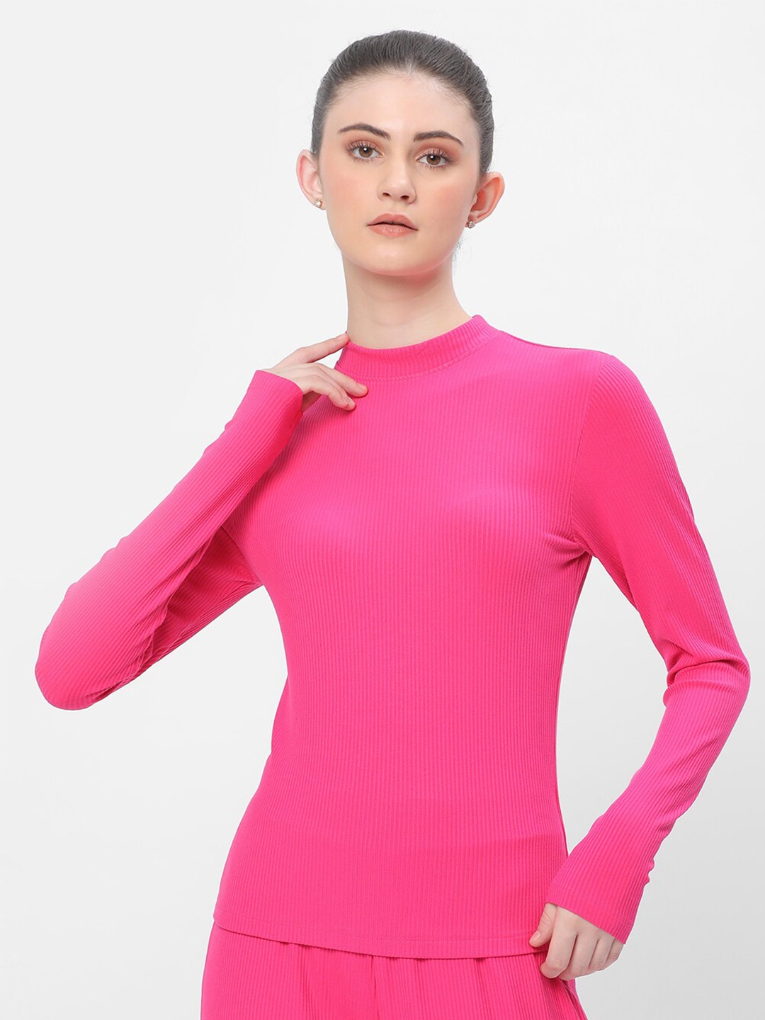 

R&B High Neck Long Sleeves Fitted Top, Pink