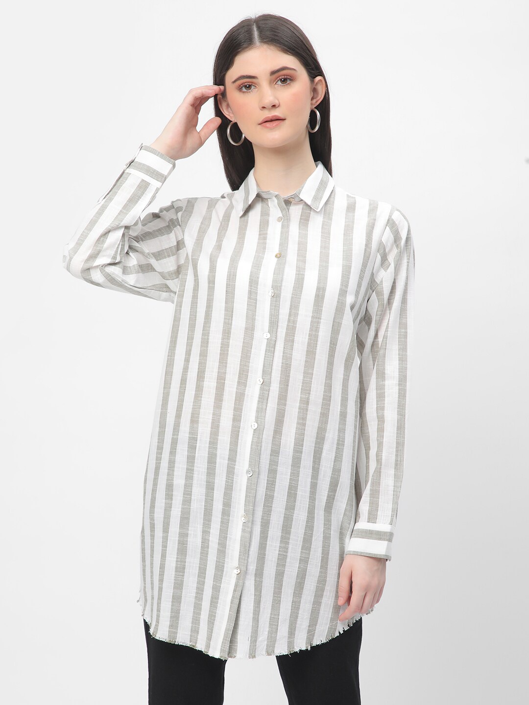 

R&B Vertical Striped Cotton Shirt Style Longline Top, White