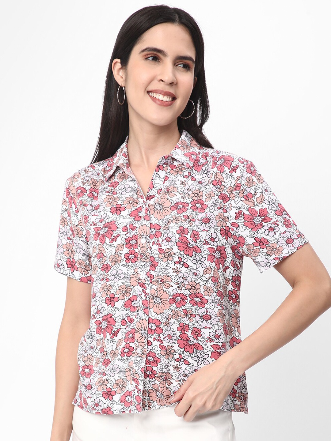 

R&B Pink Floral Printed Shirt Style Top