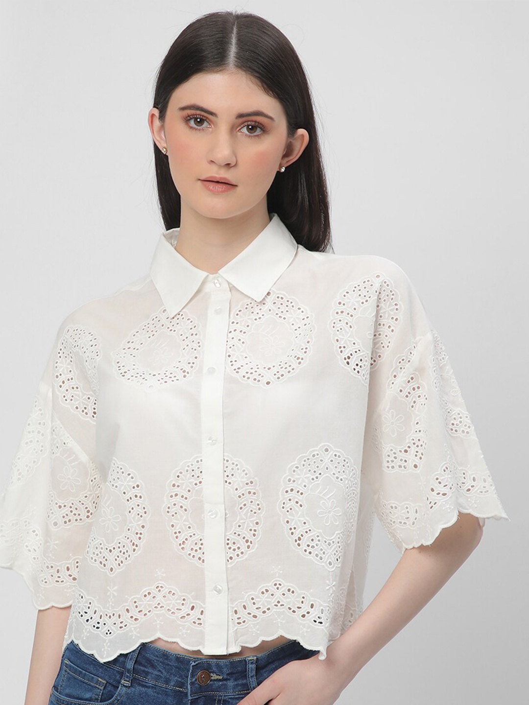 

R&B Self Design Cut Work Details Shirt Style Cotton Top, White