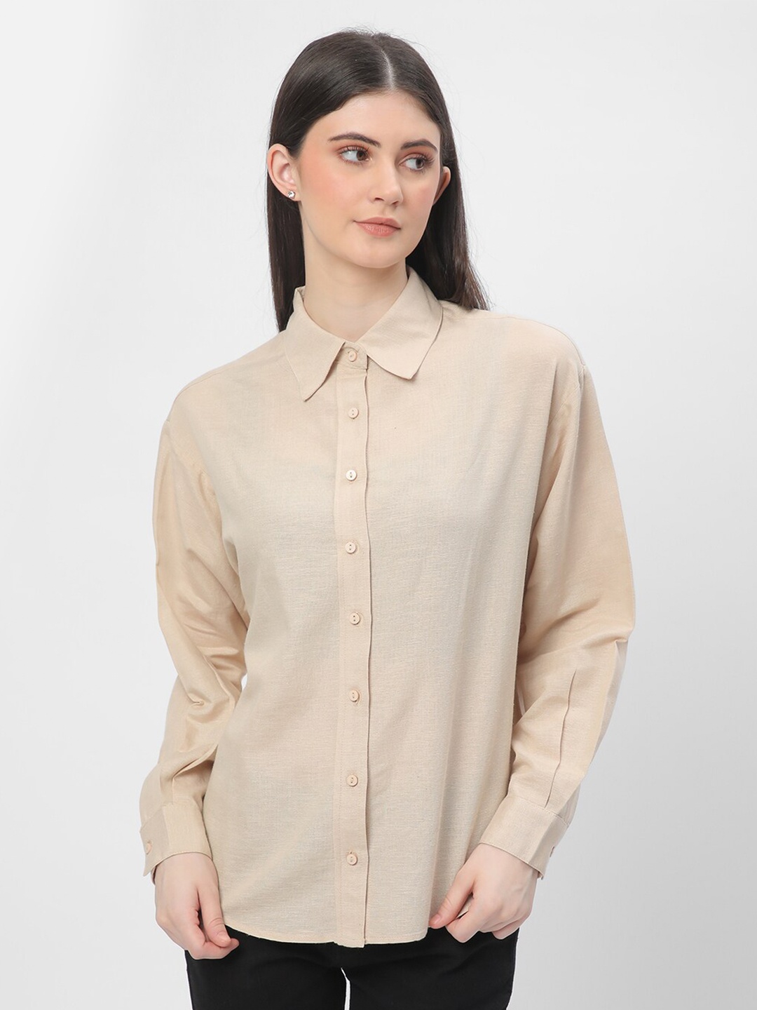 

R&B Shirt Style Cuffed Sleeves Top, Beige