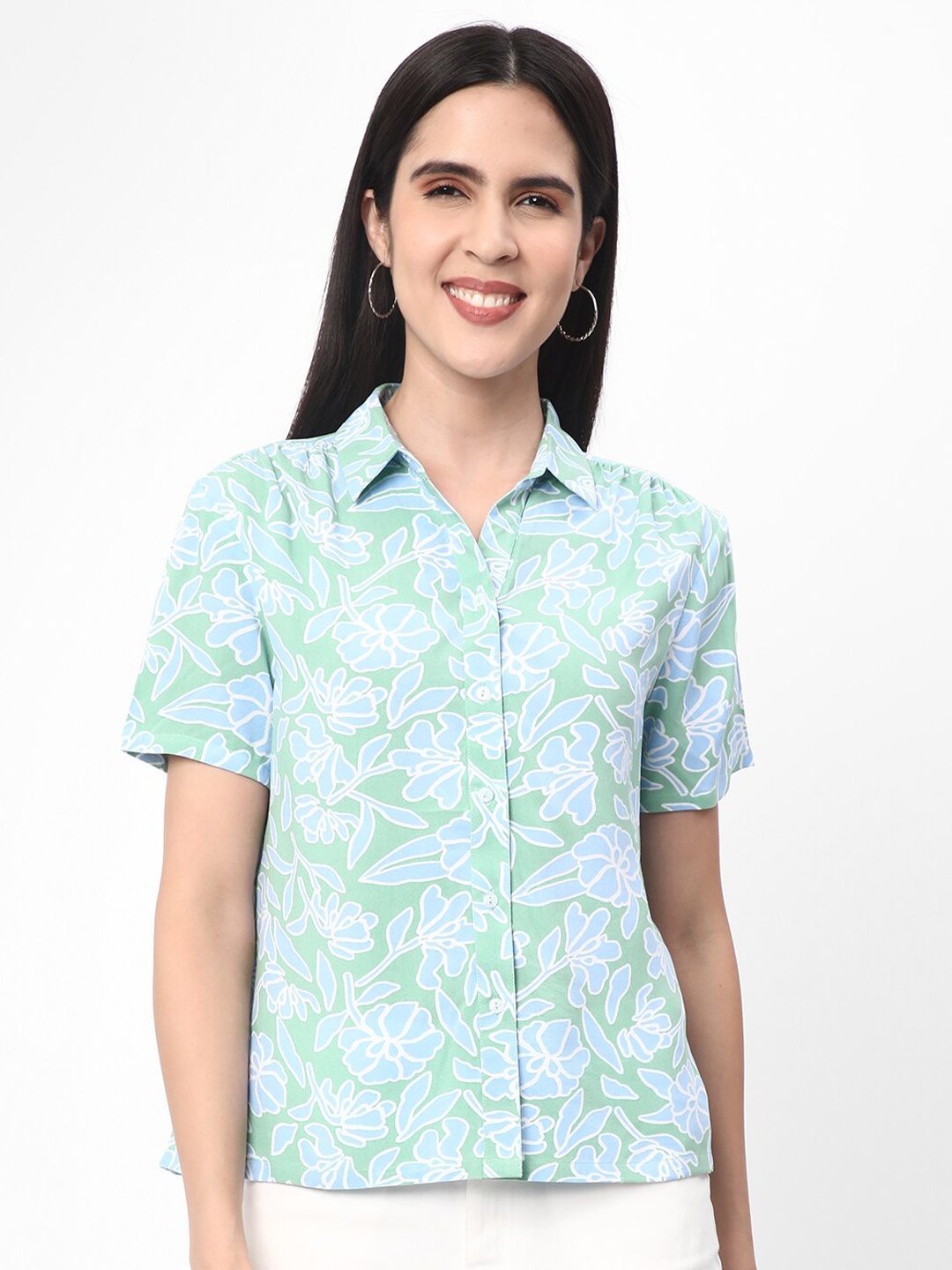 

R&B Floral Printed Shirt Style Top, Green