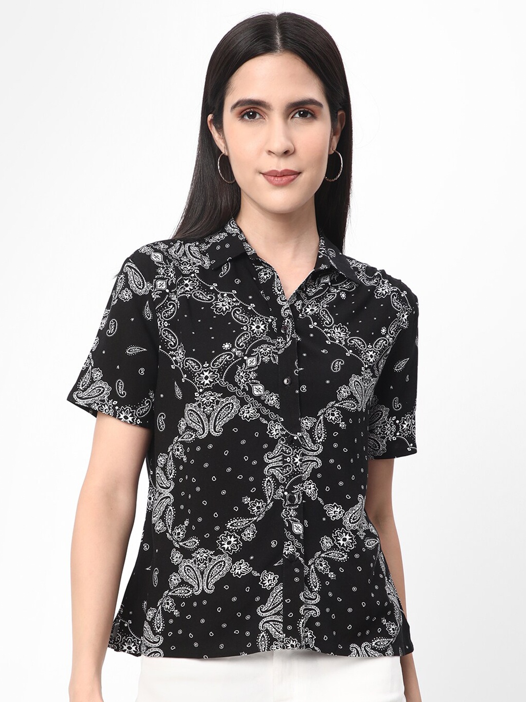 

R&B Ethnic Motifs Printed Shirt Style Top, Black