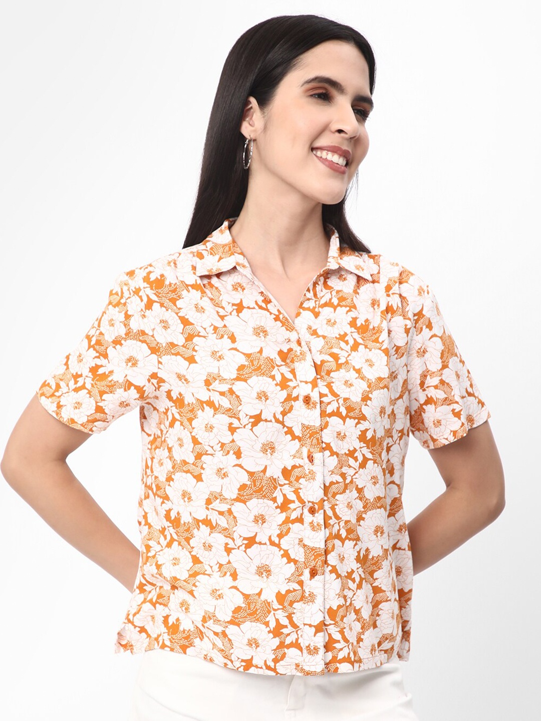 

R&B Floral Printed Shirt Style Top, Orange