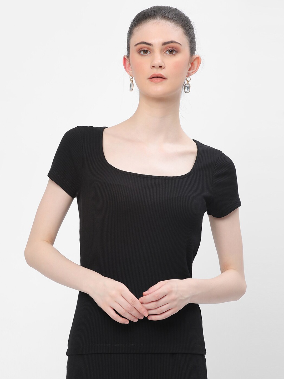 

R&B Square Neck Fitted Casual Top, Black
