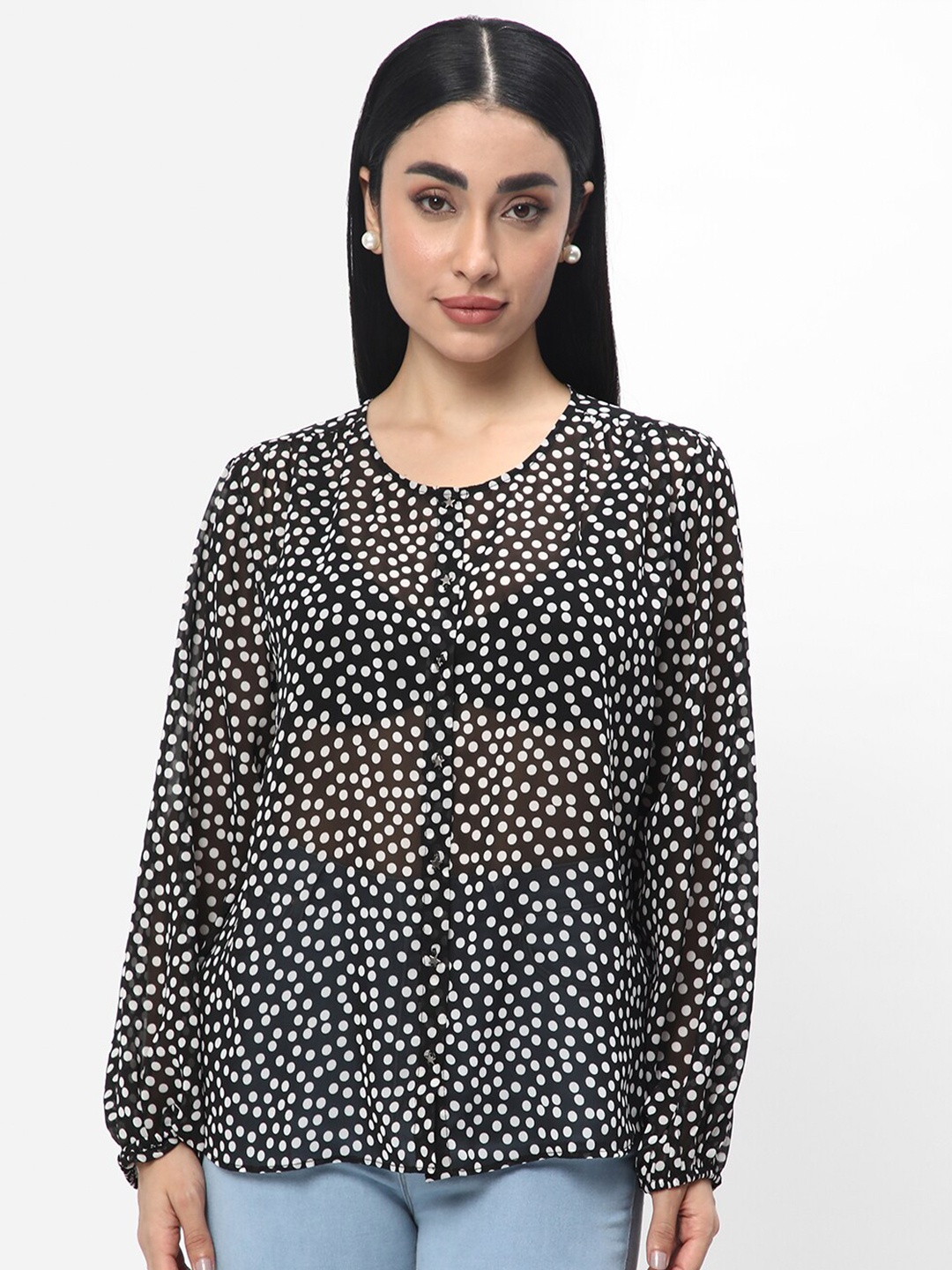 

R&B Geometric Printed Semi Sheer Top, Black