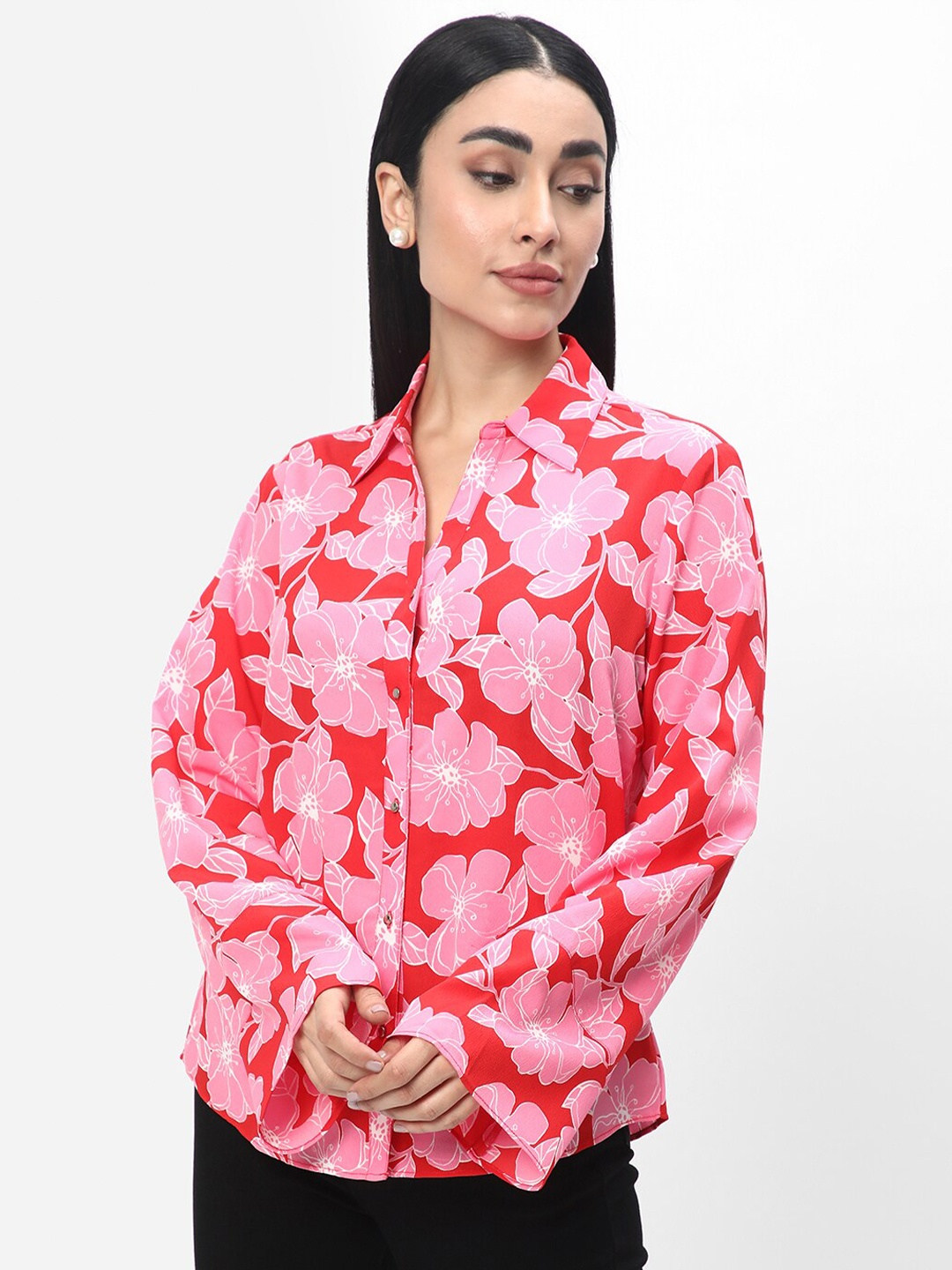 

R&B Floral Printed Shirt Style Top, Red