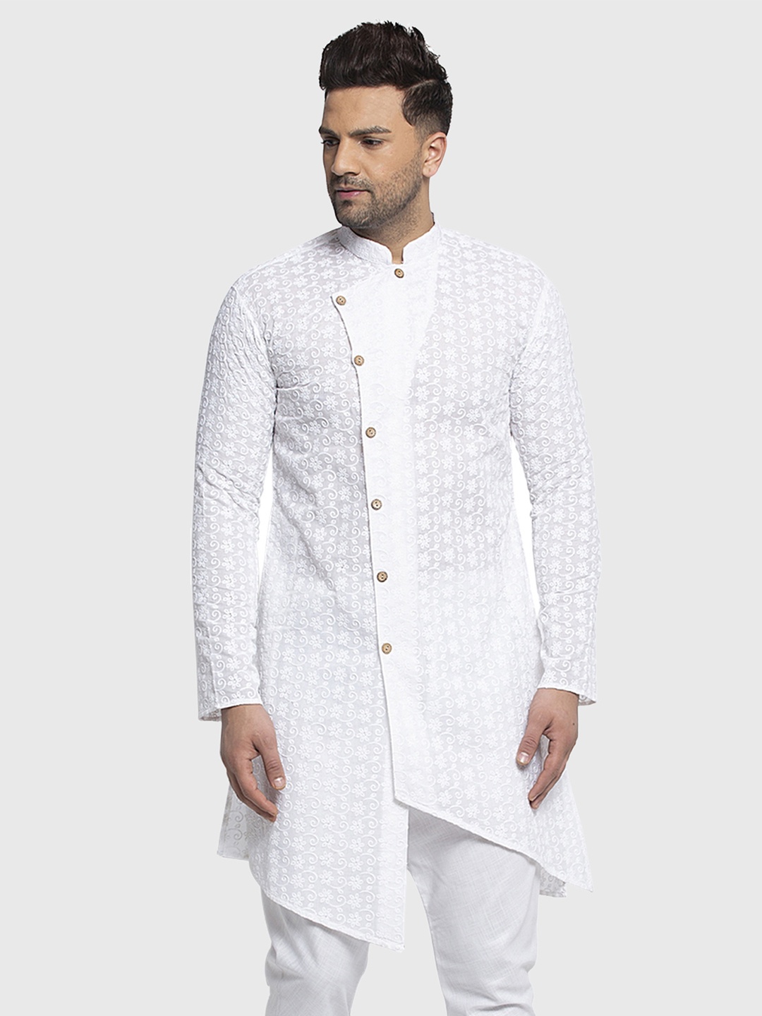

TREEMODA Floral Embroidered Mandarin Collar Chikankari Pure Cotton A Line Kurta, White