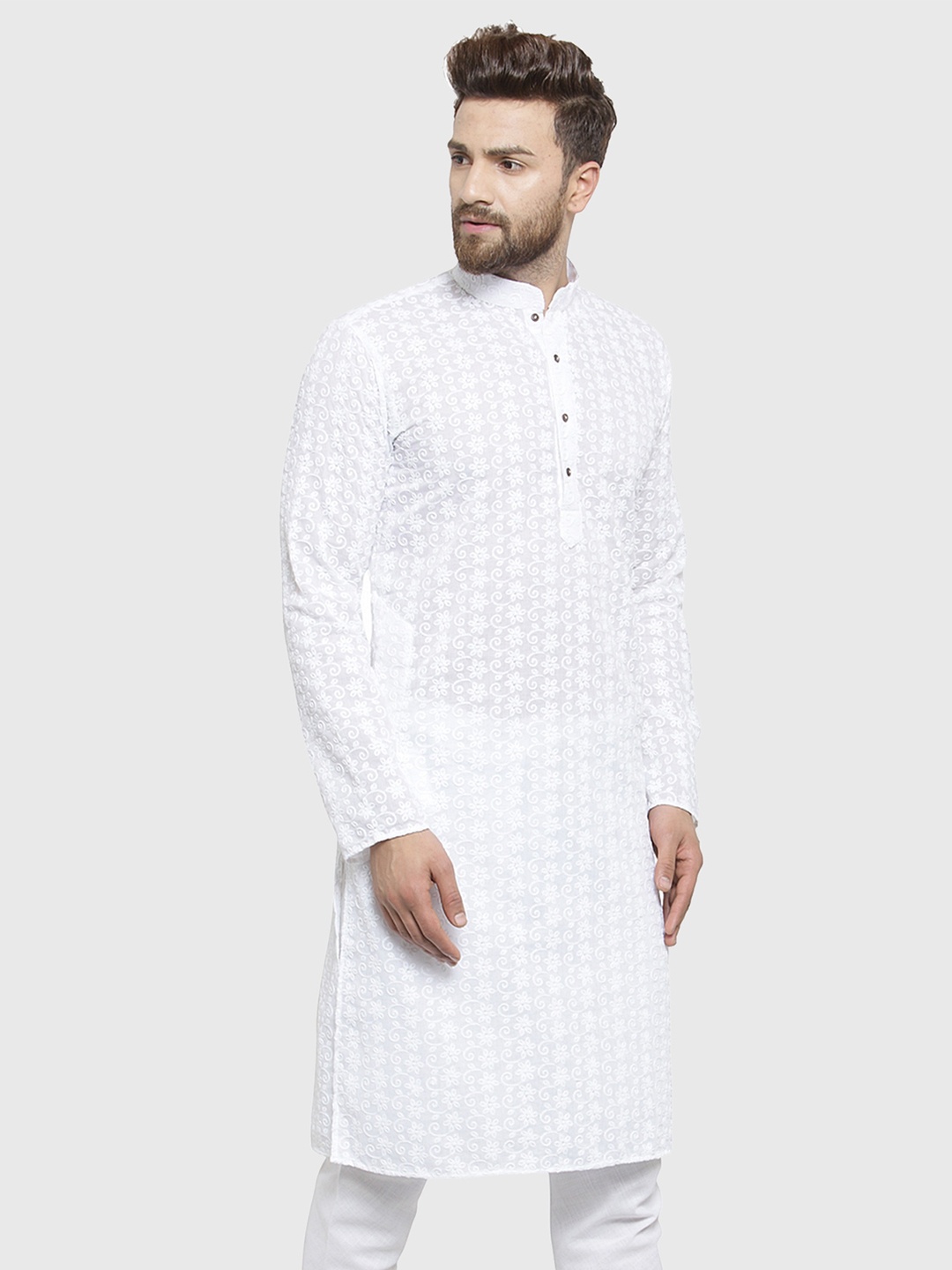

TREEMODA Floral Embroidered Mandarin Collar Cotton Straight Kurta, White